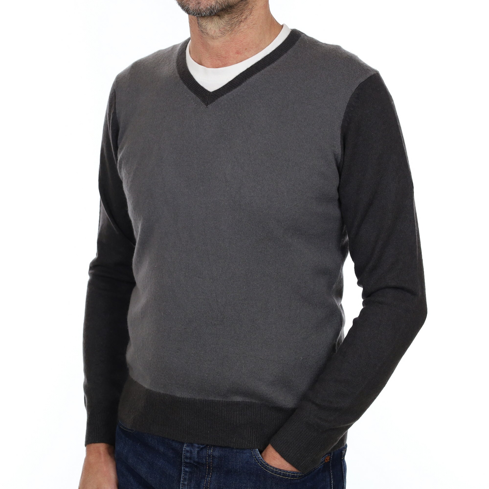 Men's Grey Colour Block Cashmere V Neck Jumper Small