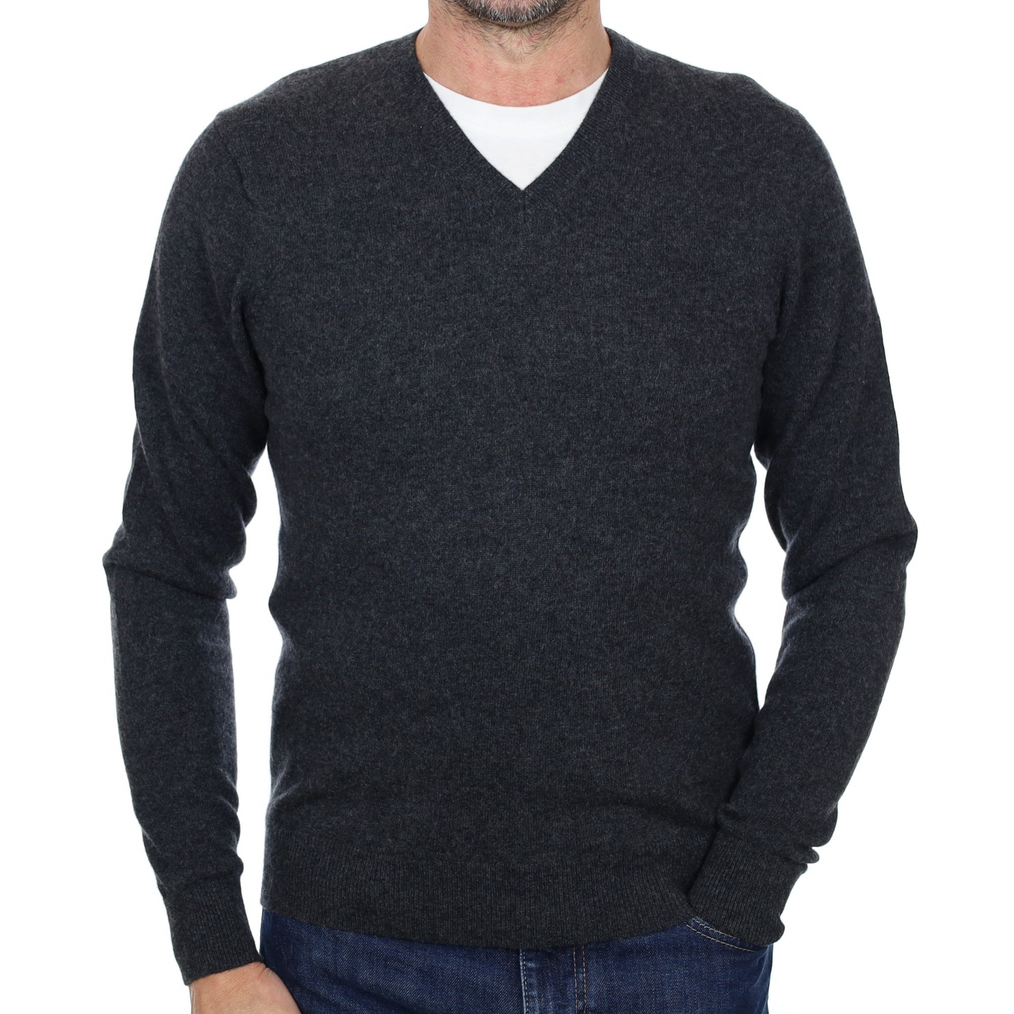 Men's Charcoal Grey Cashmere V Neck Jumper Extra Small