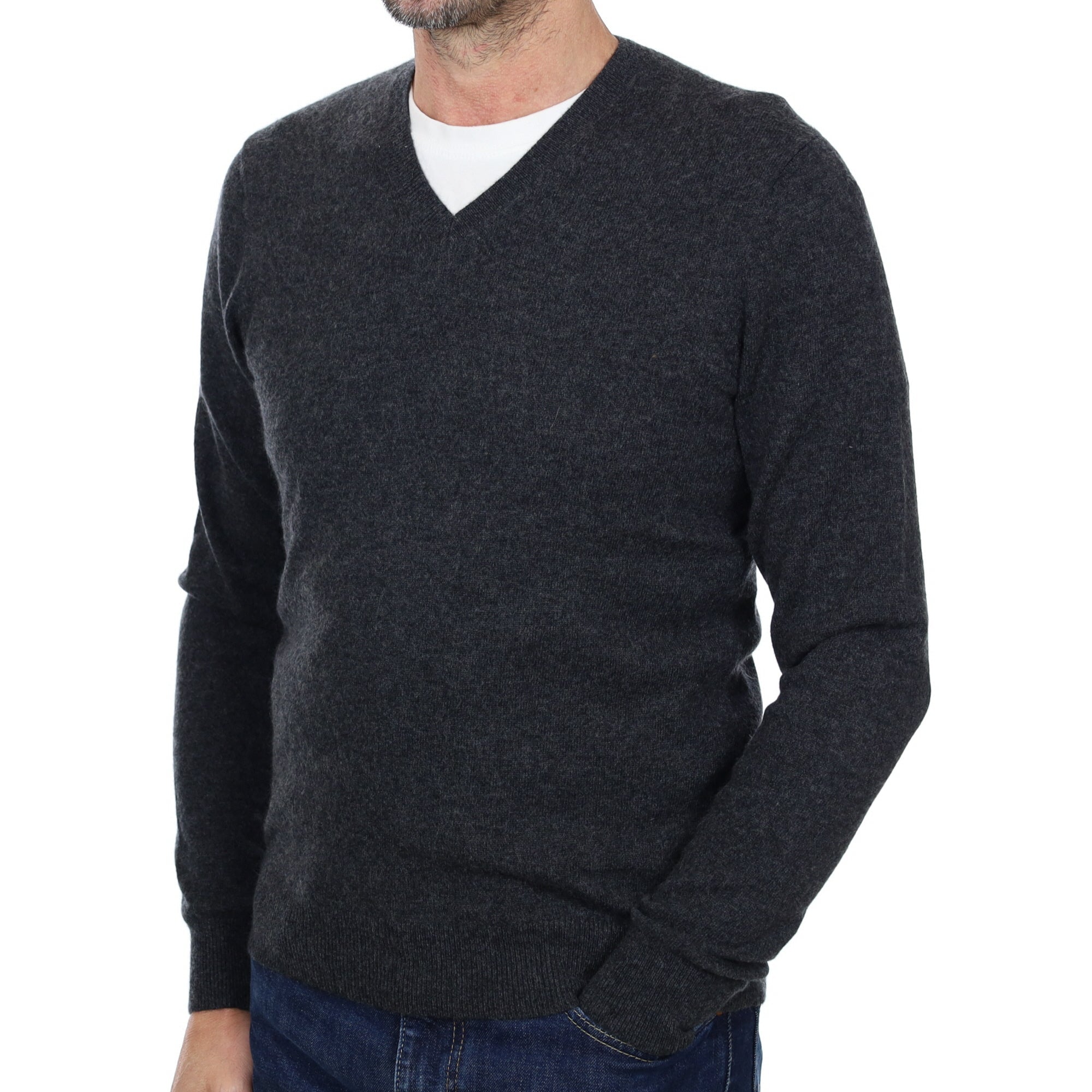 Men's Charcoal Grey Cashmere V Neck Jumper Extra Small