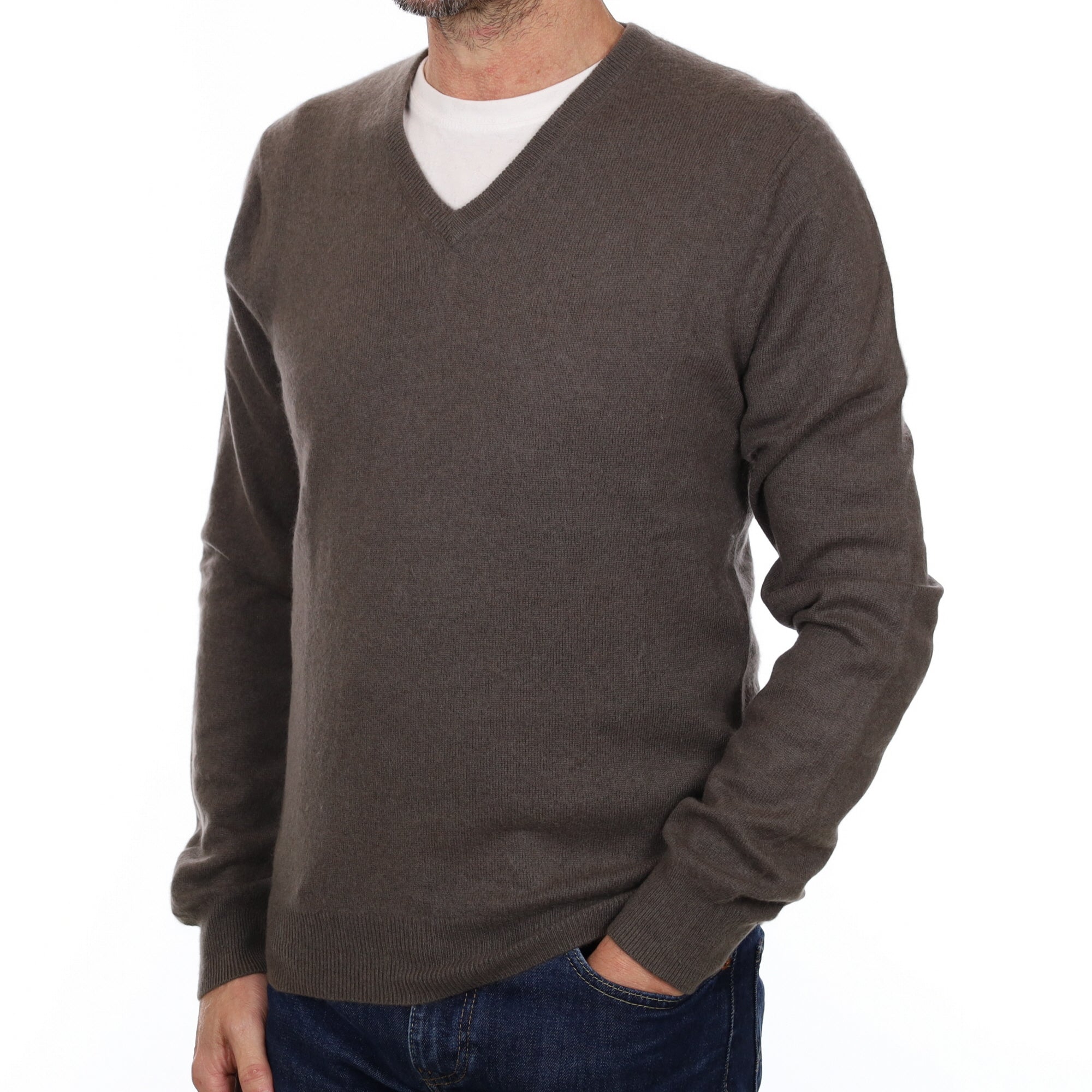 Men's Mushroom Grey Cashmere V Neck Jumper Small