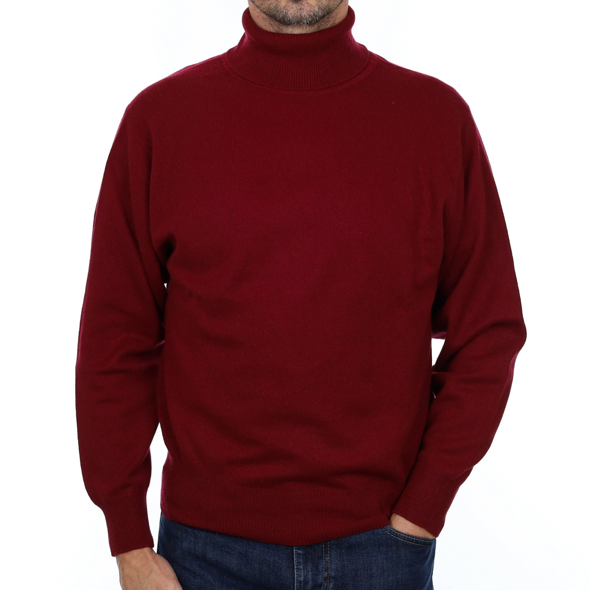 Men's Burgundy Red Cashmere Polo Neck Jumper Small