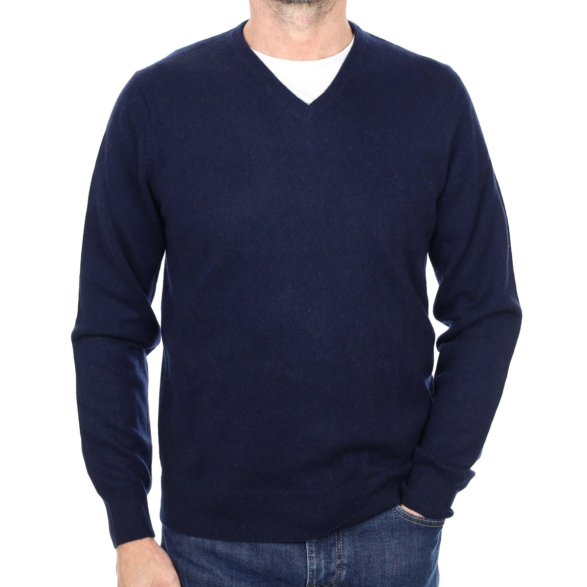 Men's Navy Blue Cashmere V Neck Jumper Small