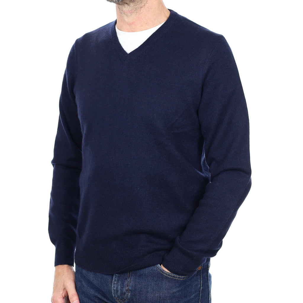 Men's Navy Blue Cashmere V Neck Jumper Small
