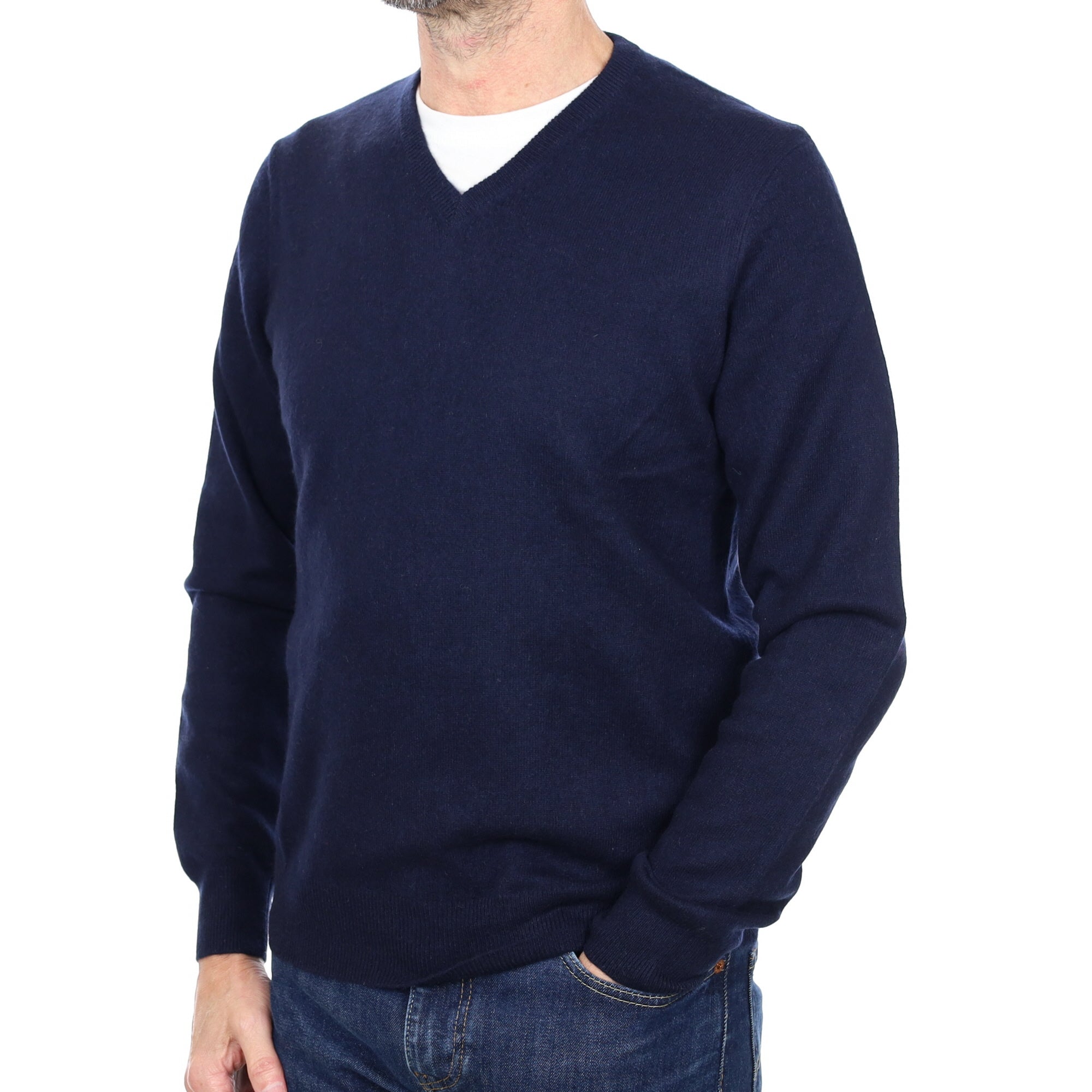 Men's Navy Blue Cashmere V Neck Jumper Small