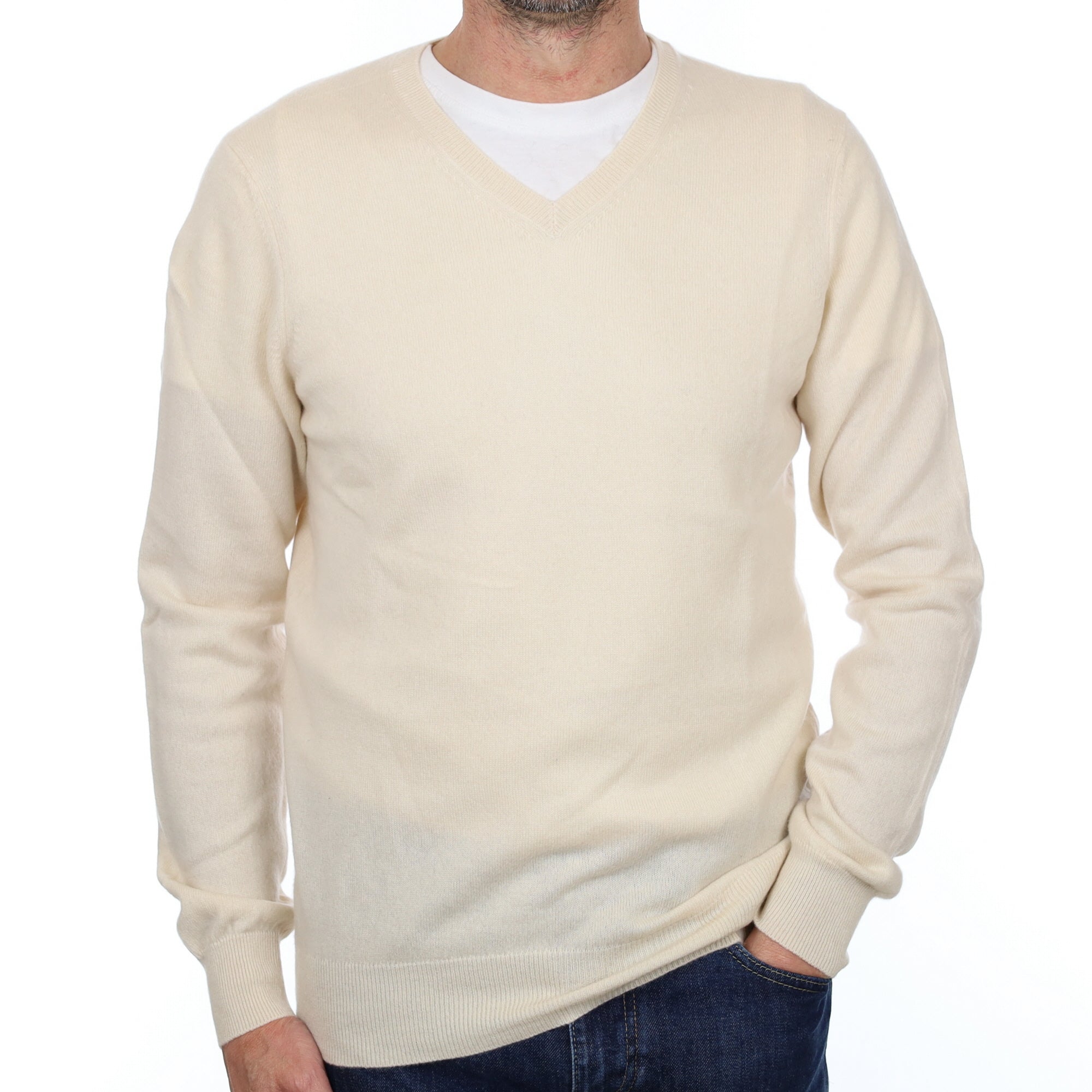 Men's Ivory Cream Cashmere V Neck Jumper Small