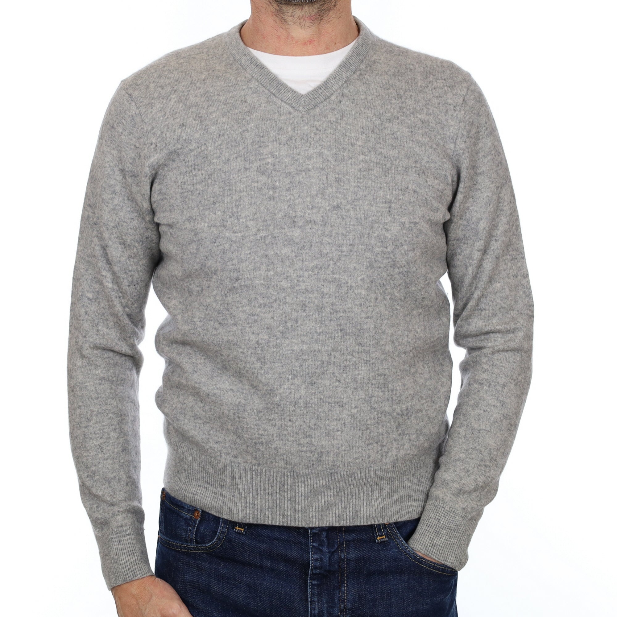 Men's Smoke Grey Cashmere V Neck Jumper Small
