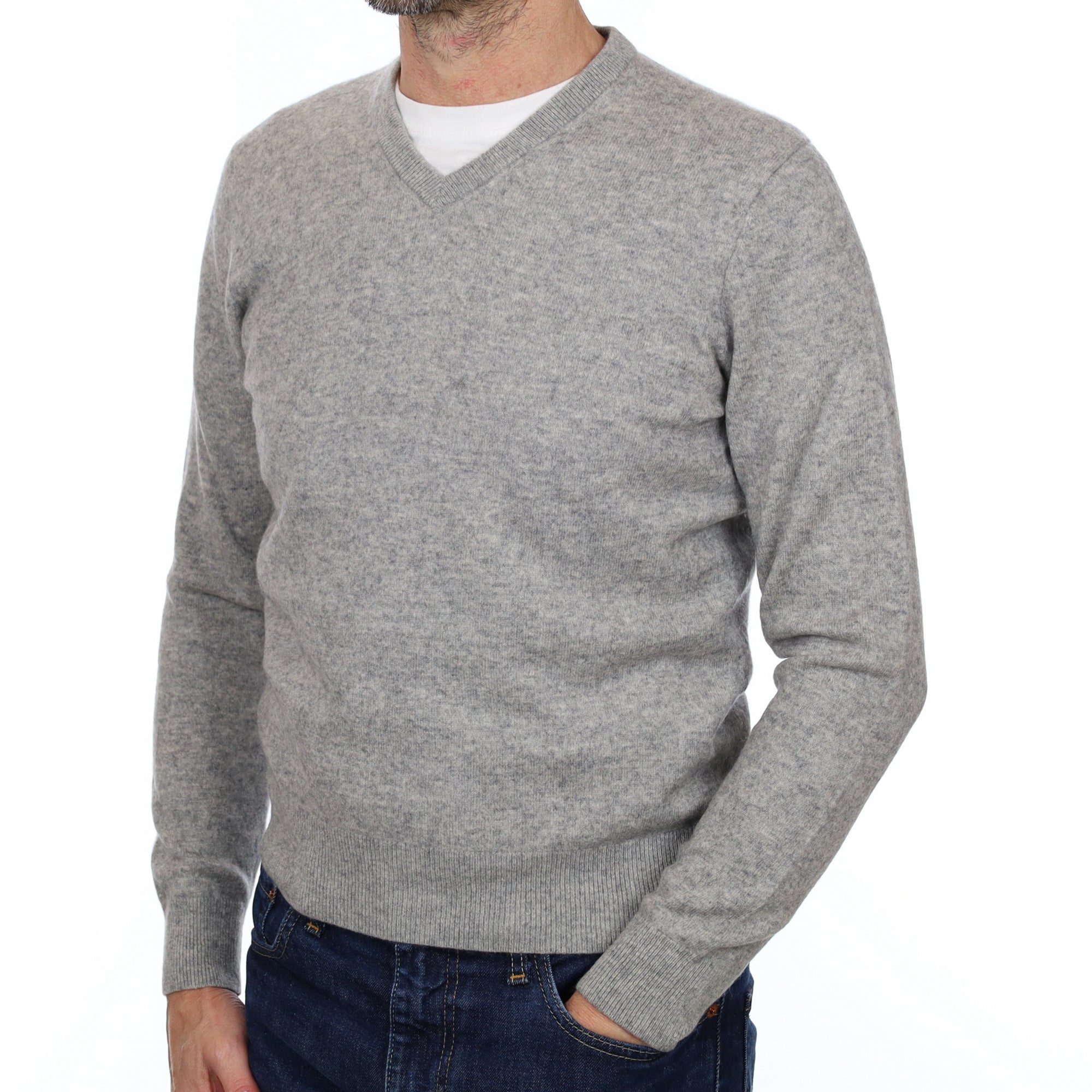 Men's Smoke Grey Cashmere V Neck Jumper Small