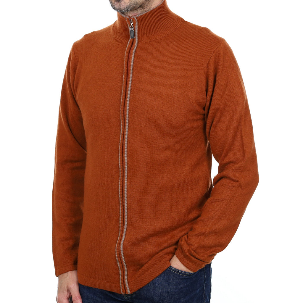 Men's Brick Orange Cashmere Zip Up Cardigan Small