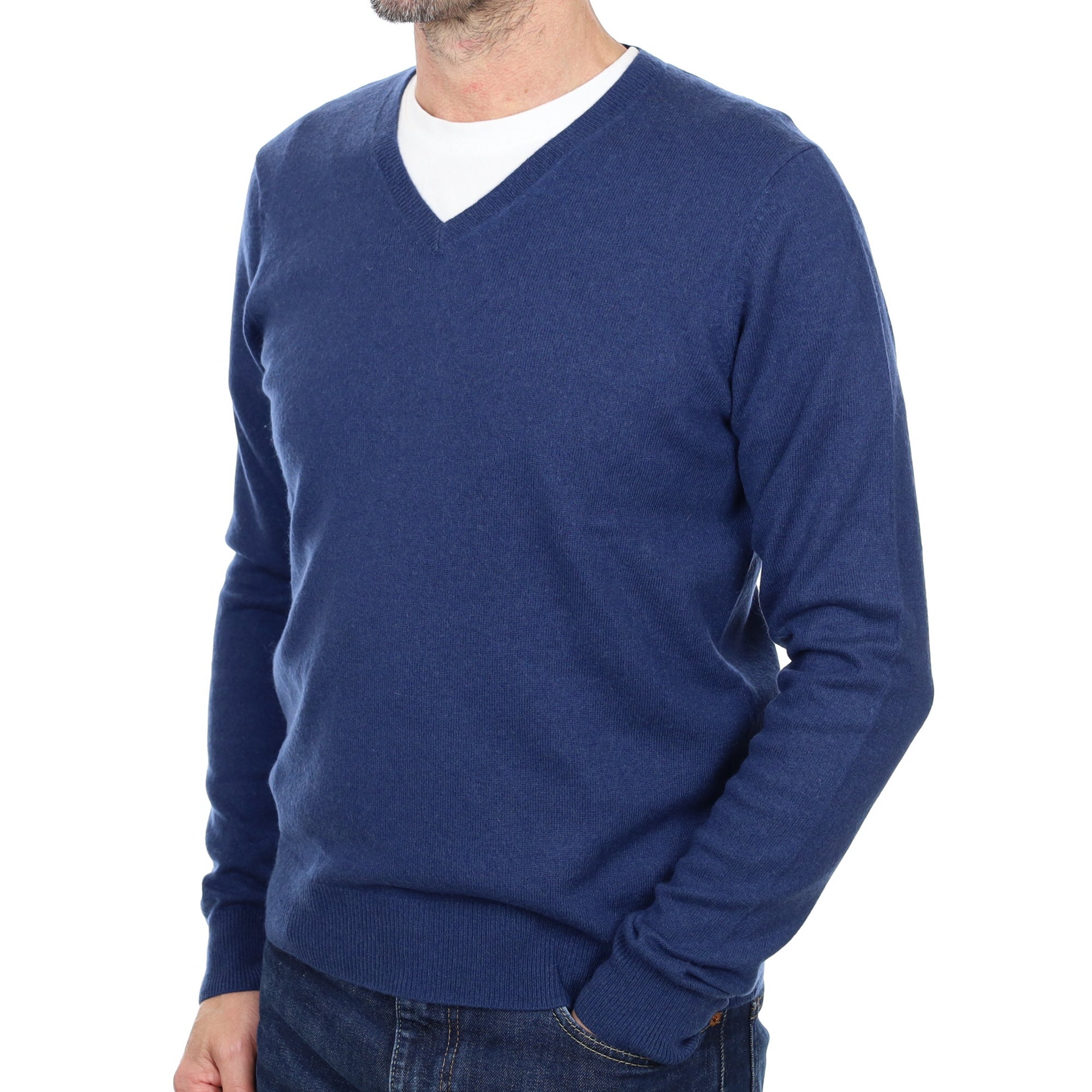 Men's Deep Denim Blue Cashmere V Neck Jumper Small