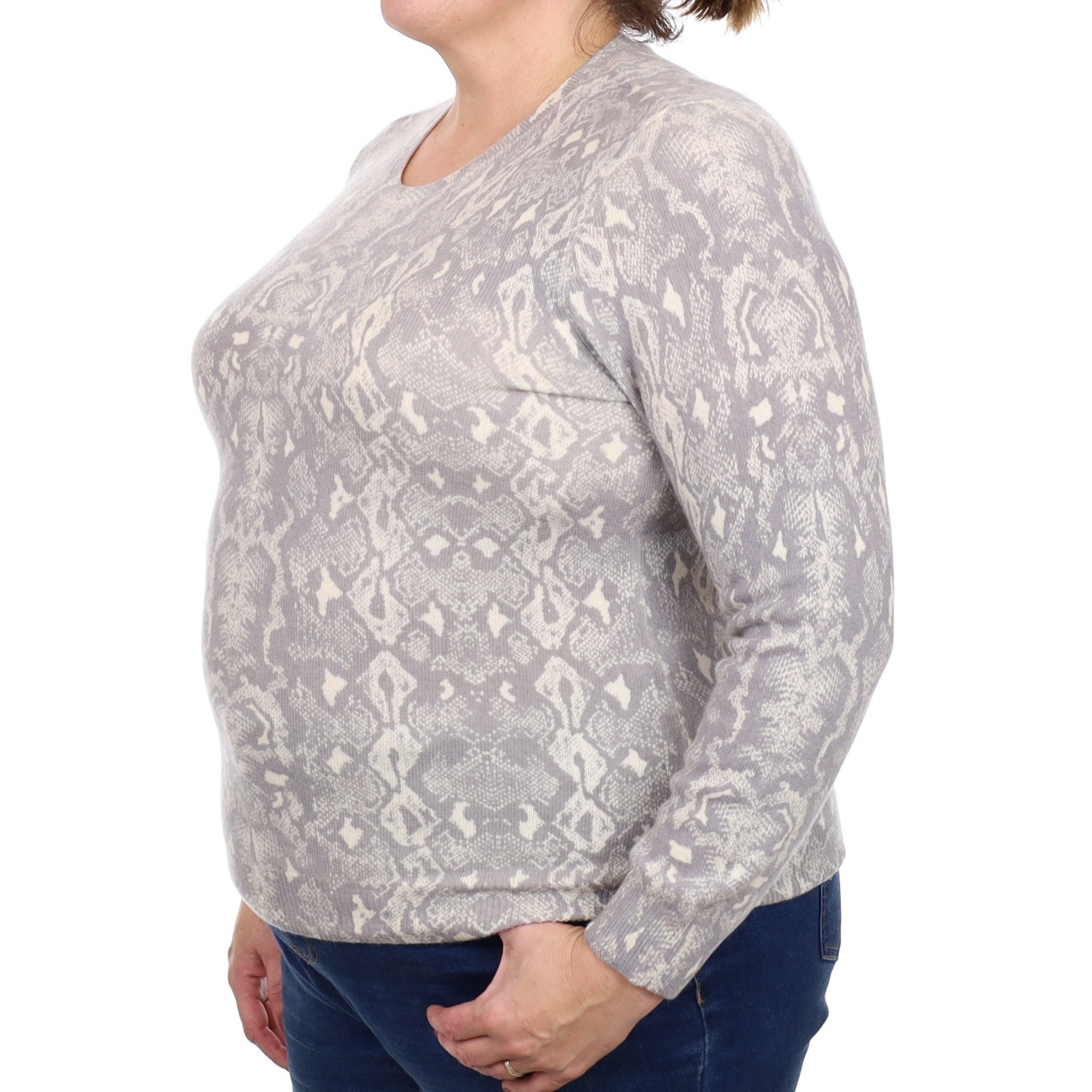 Grey Snake Print Cashmere Crew Neck Jumper Extra Large