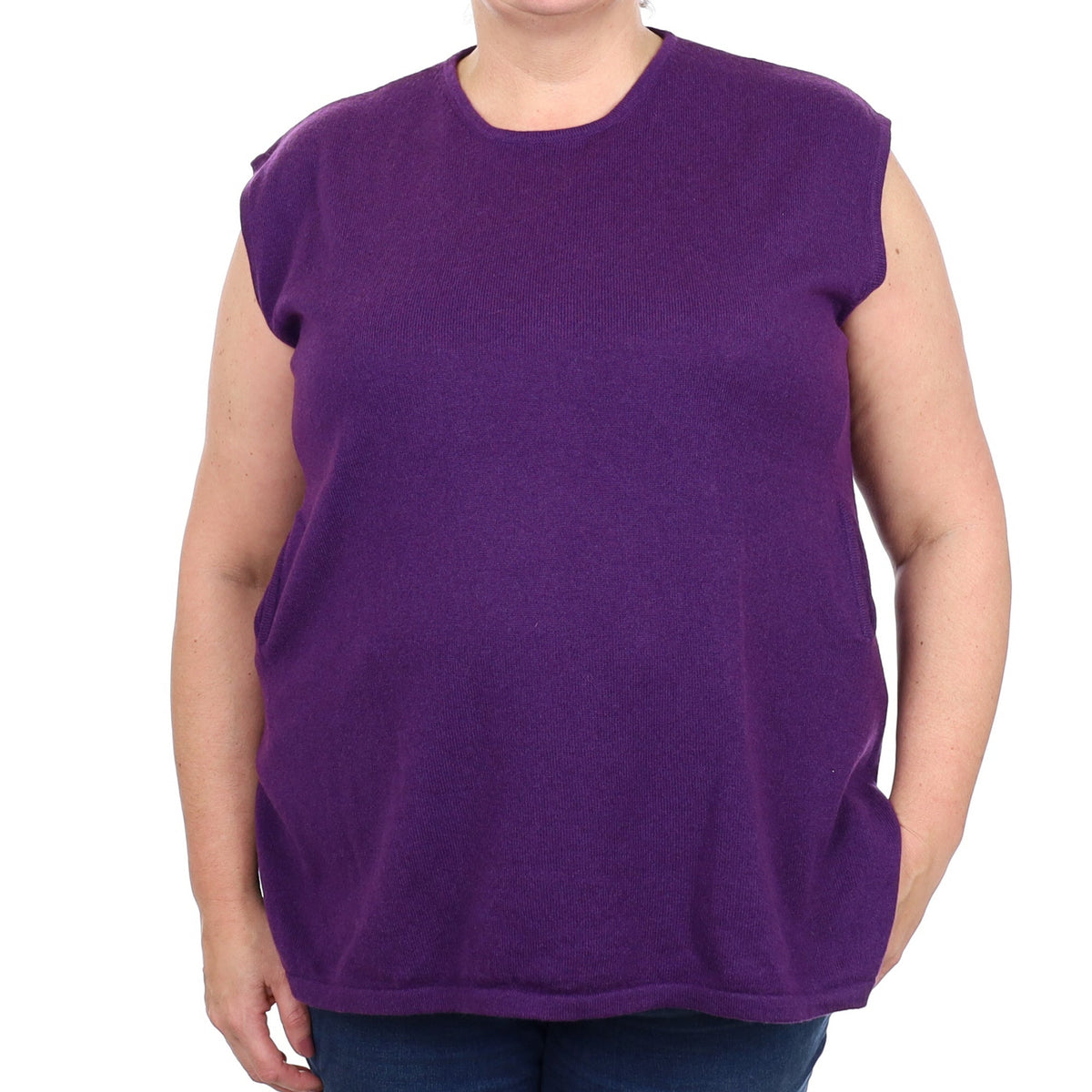 Iris Purple Cashmere Sleeveless Crew Neck Tunic with Pockets Extra Large