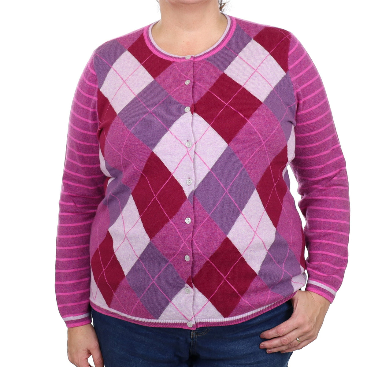 Magenta Diamond and Stripe Cashmere Crew Neck Cardigan Extra Large