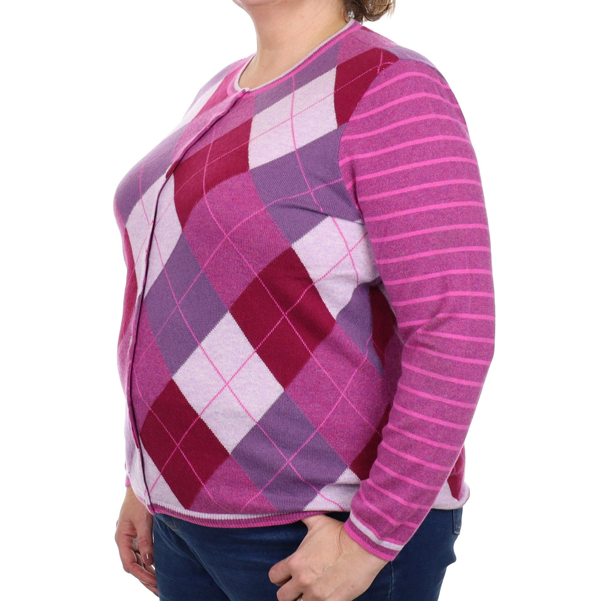 Magenta Diamond and Stripe Cashmere Crew Neck Cardigan Extra Large