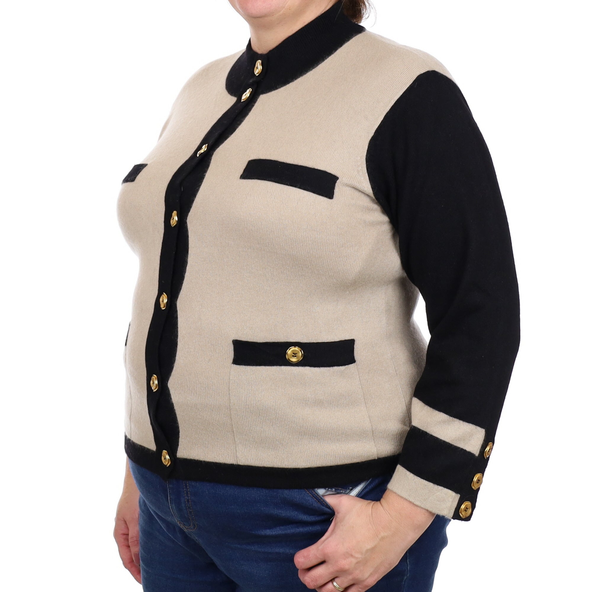 Black and Beige Cashmere Turtle Neck Cardigan Extra Large