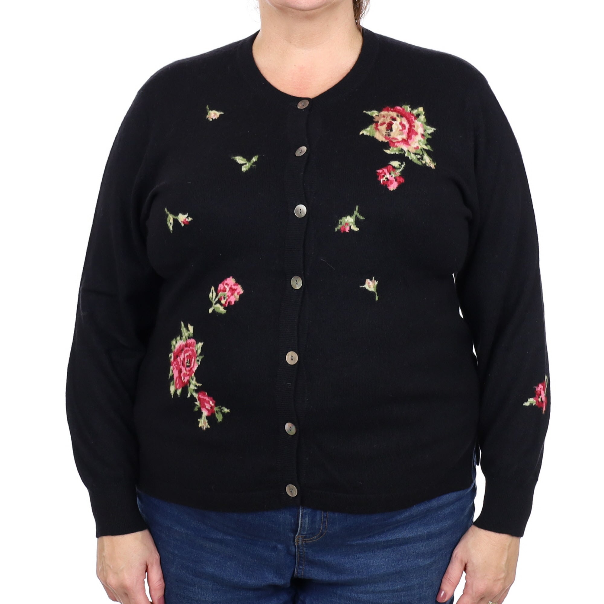 Black Floral Cashmere Crew Neck Cardigan Extra Large