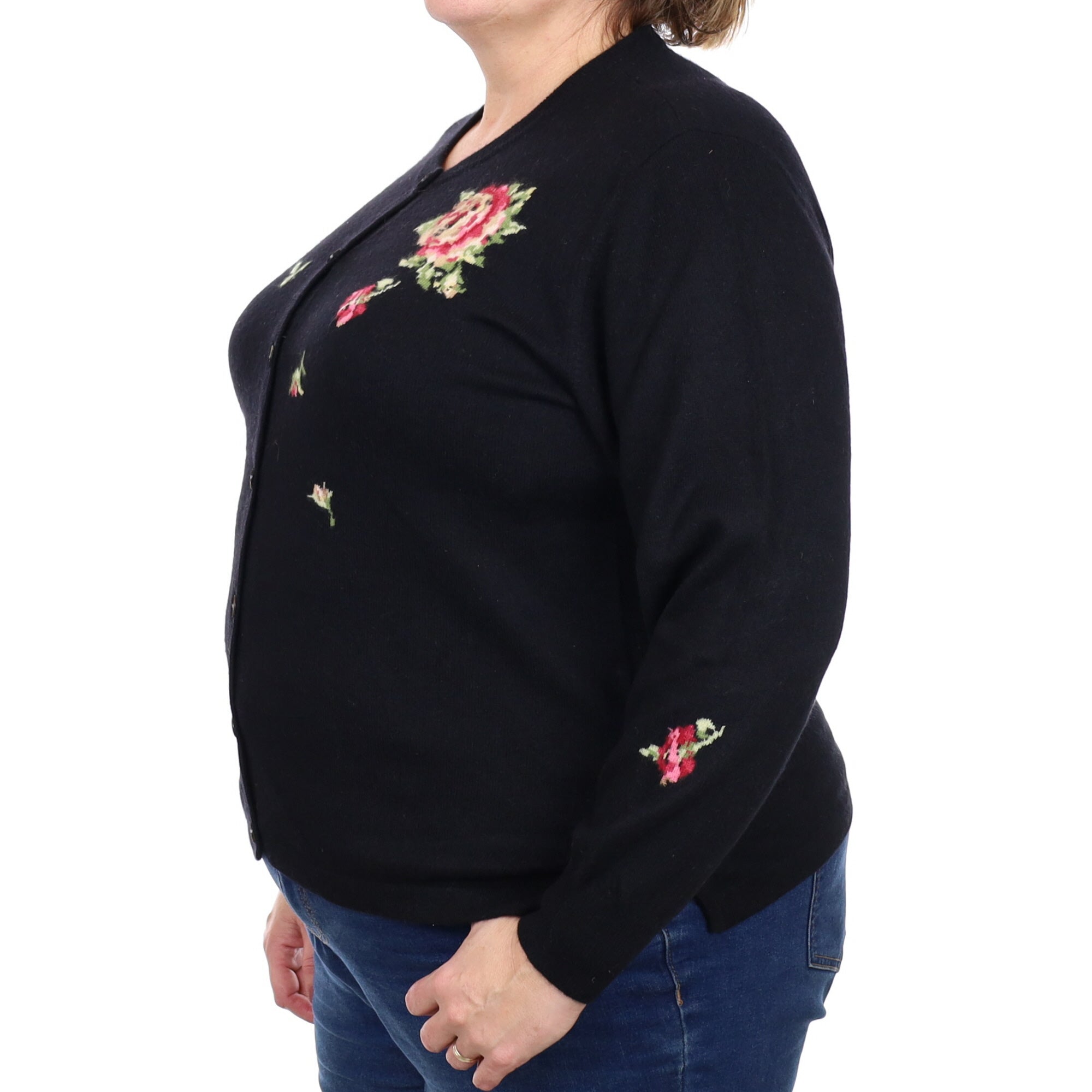 Black Floral Cashmere Crew Neck Cardigan Extra Large