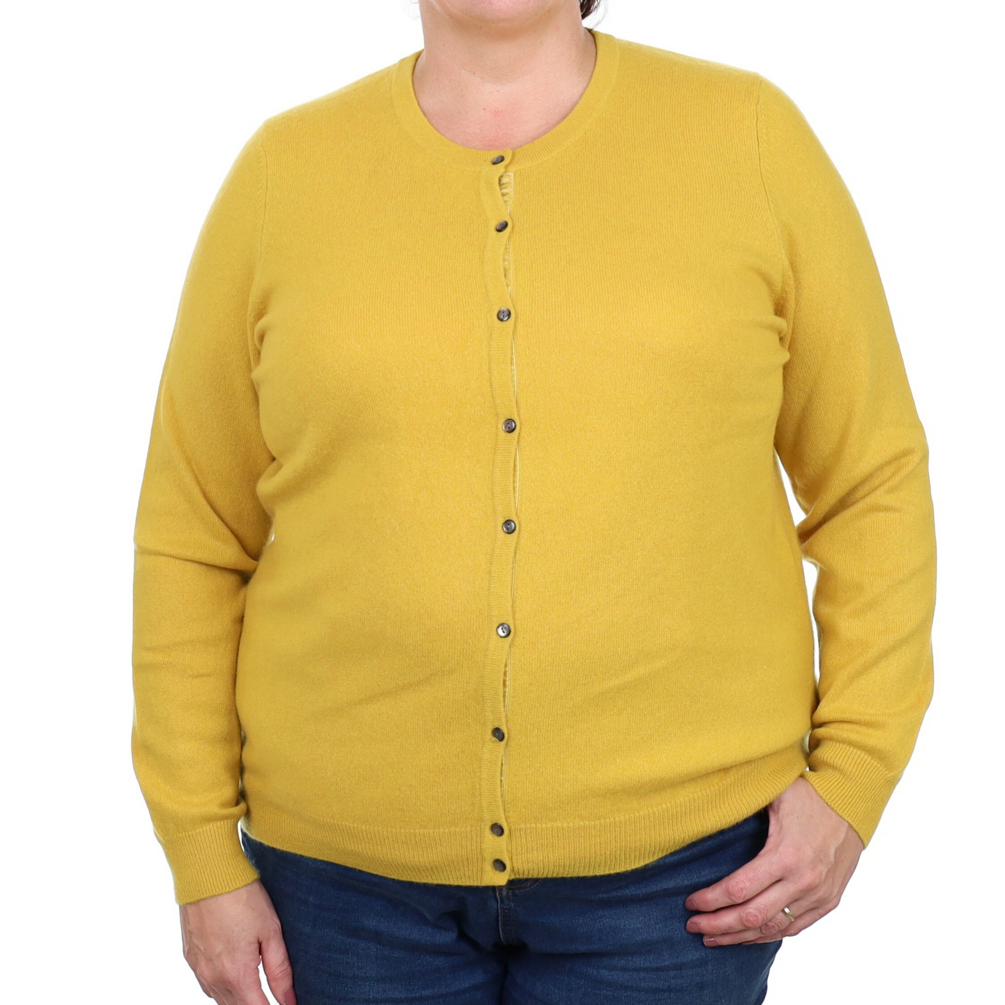 Mustard Yellow Cashmere Crew Neck Cardigan Extra Large