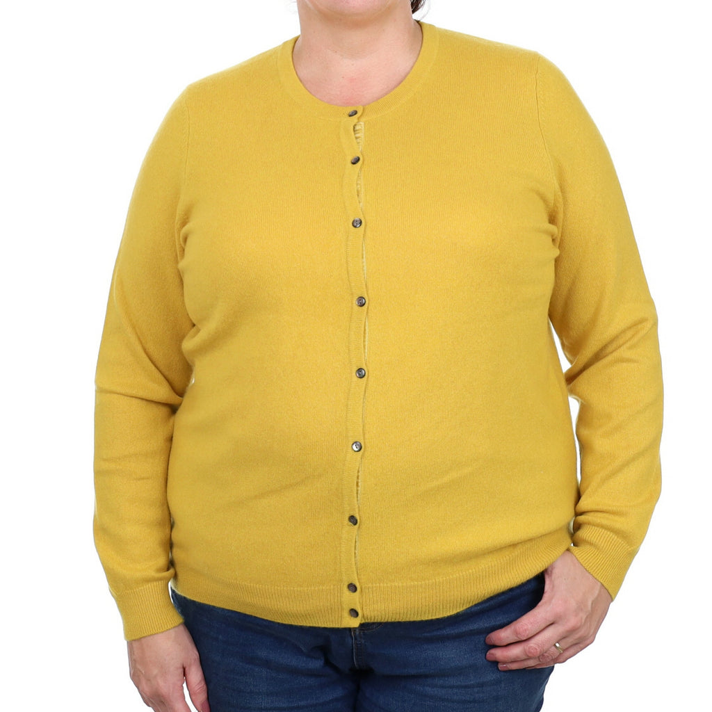 Mustard Yellow Cashmere Crew Neck Cardigan Extra Large