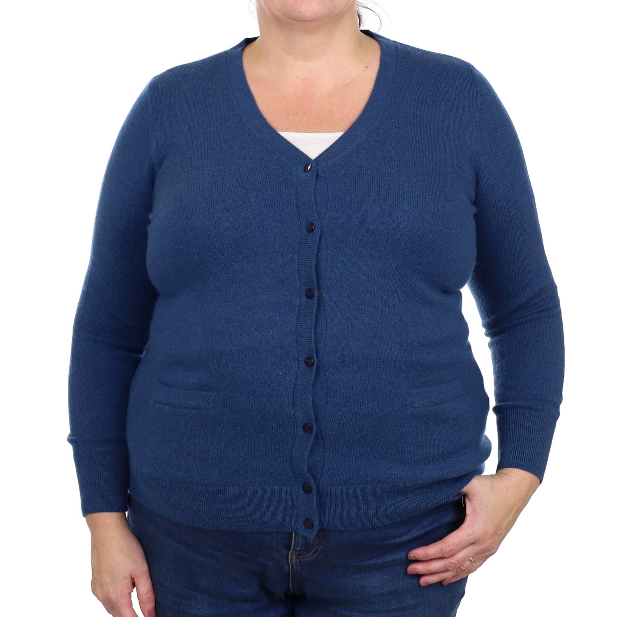 Ocean Blue Cashmere V Neck Cardigan with Pockets Extra Large