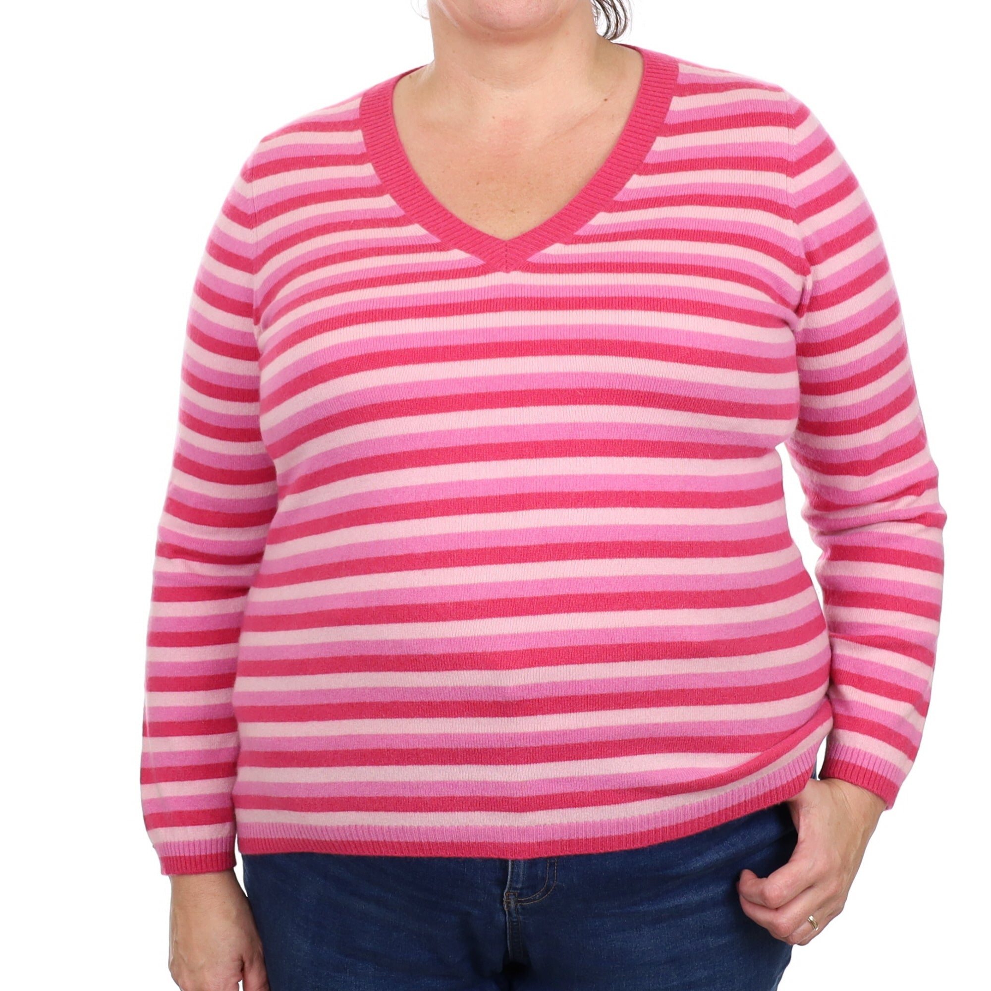 Raspberry Pink Stripe Cashmere V Neck Jumper Extra Large