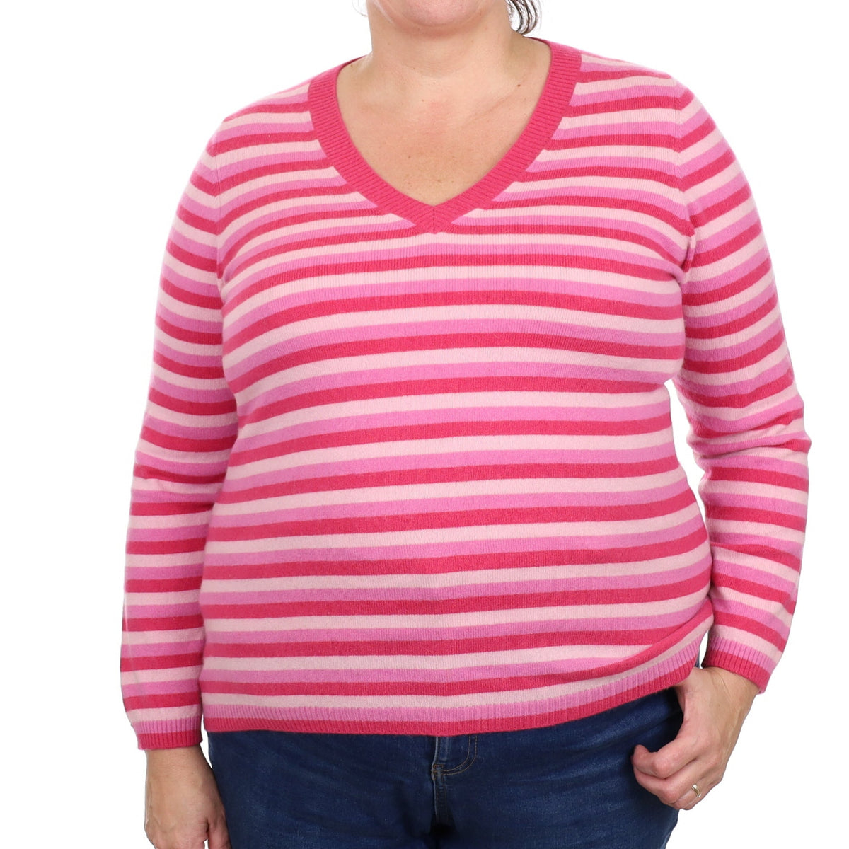 Raspberry Pink Stripe Cashmere V Neck Jumper Extra Large