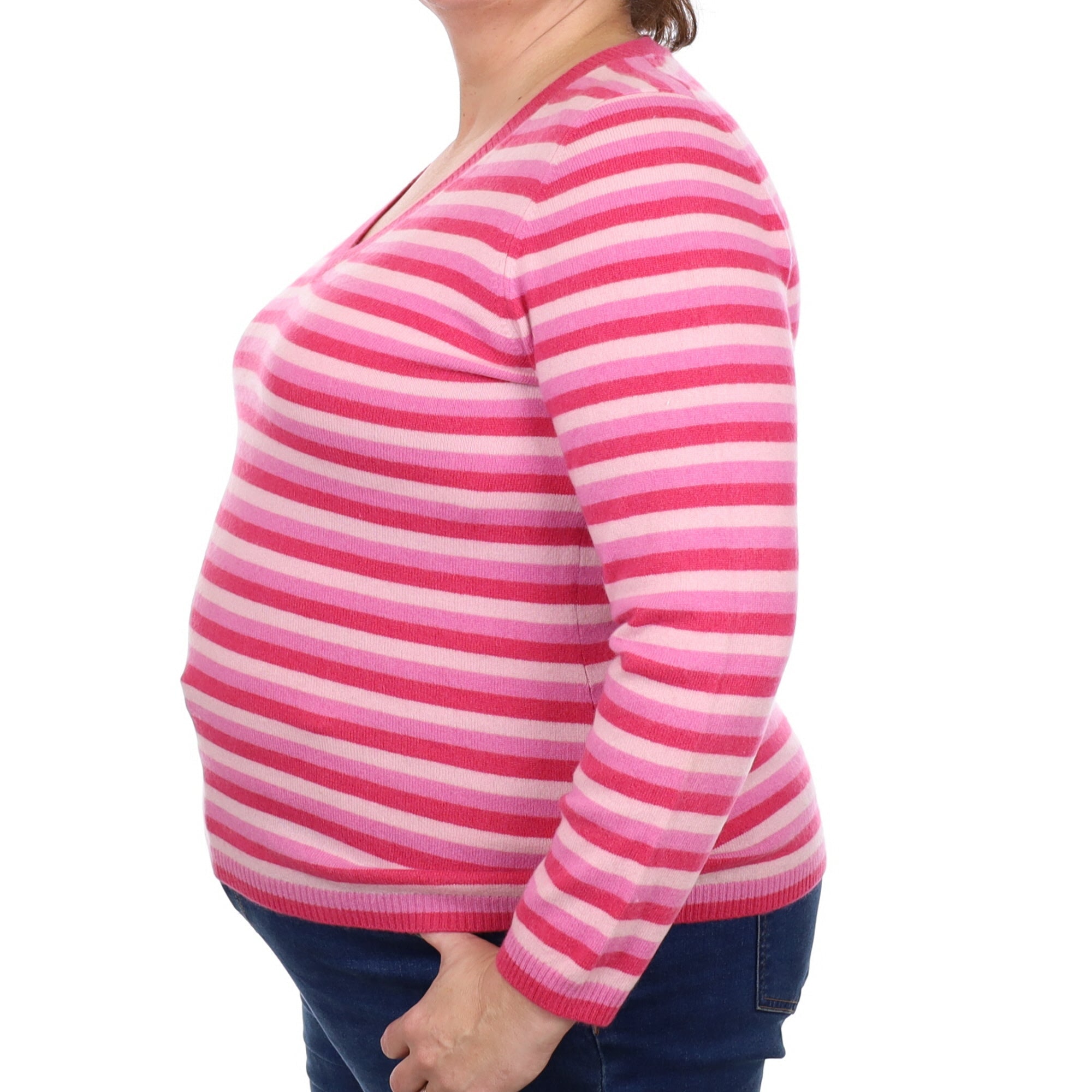 Raspberry Pink Stripe Cashmere V Neck Jumper Extra Large