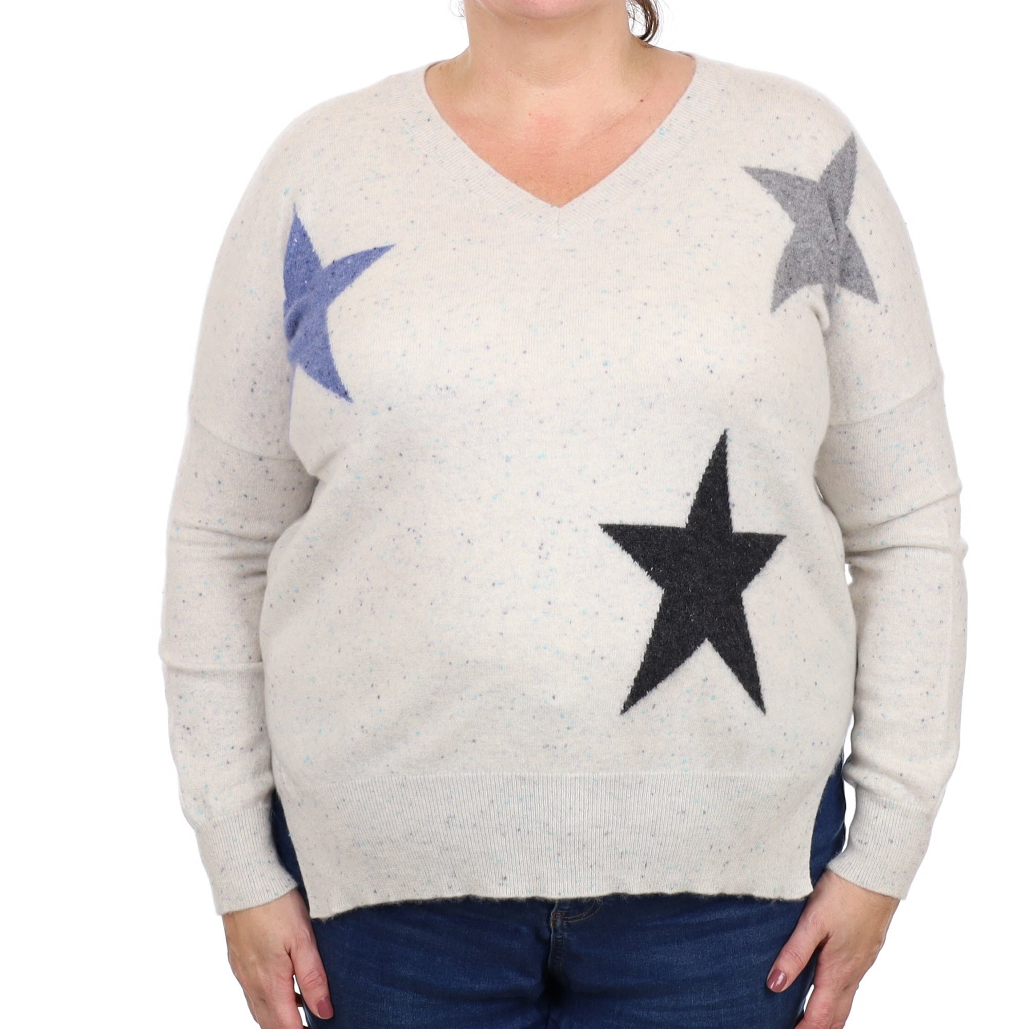 Grey Fleck Starry Cashmere V Neck Jumper Extra Large