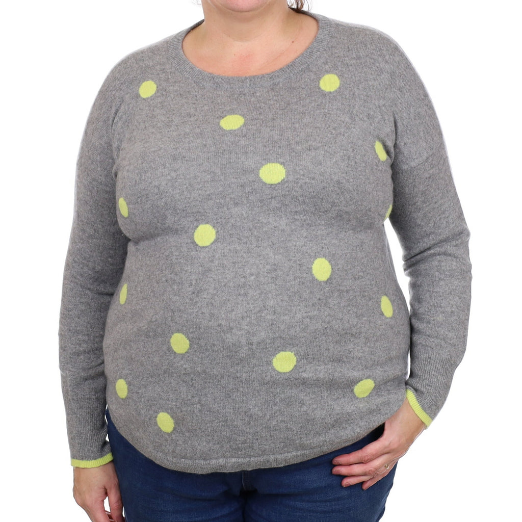 Grey and Yellow Polka Dot Cashmere Crew Neck Jumper Extra Large