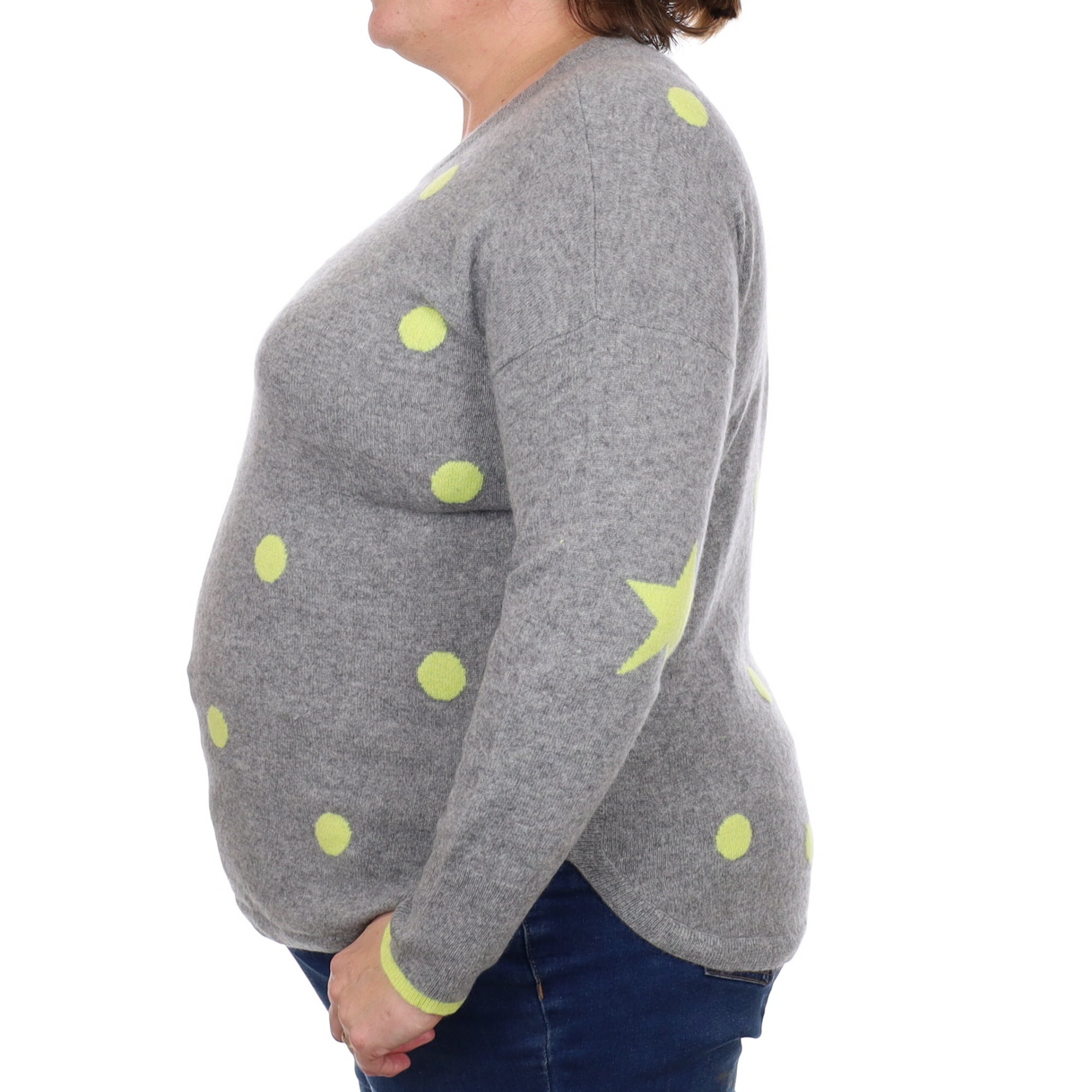 Grey and Yellow Polka Dot Cashmere Crew Neck Jumper Extra Large
