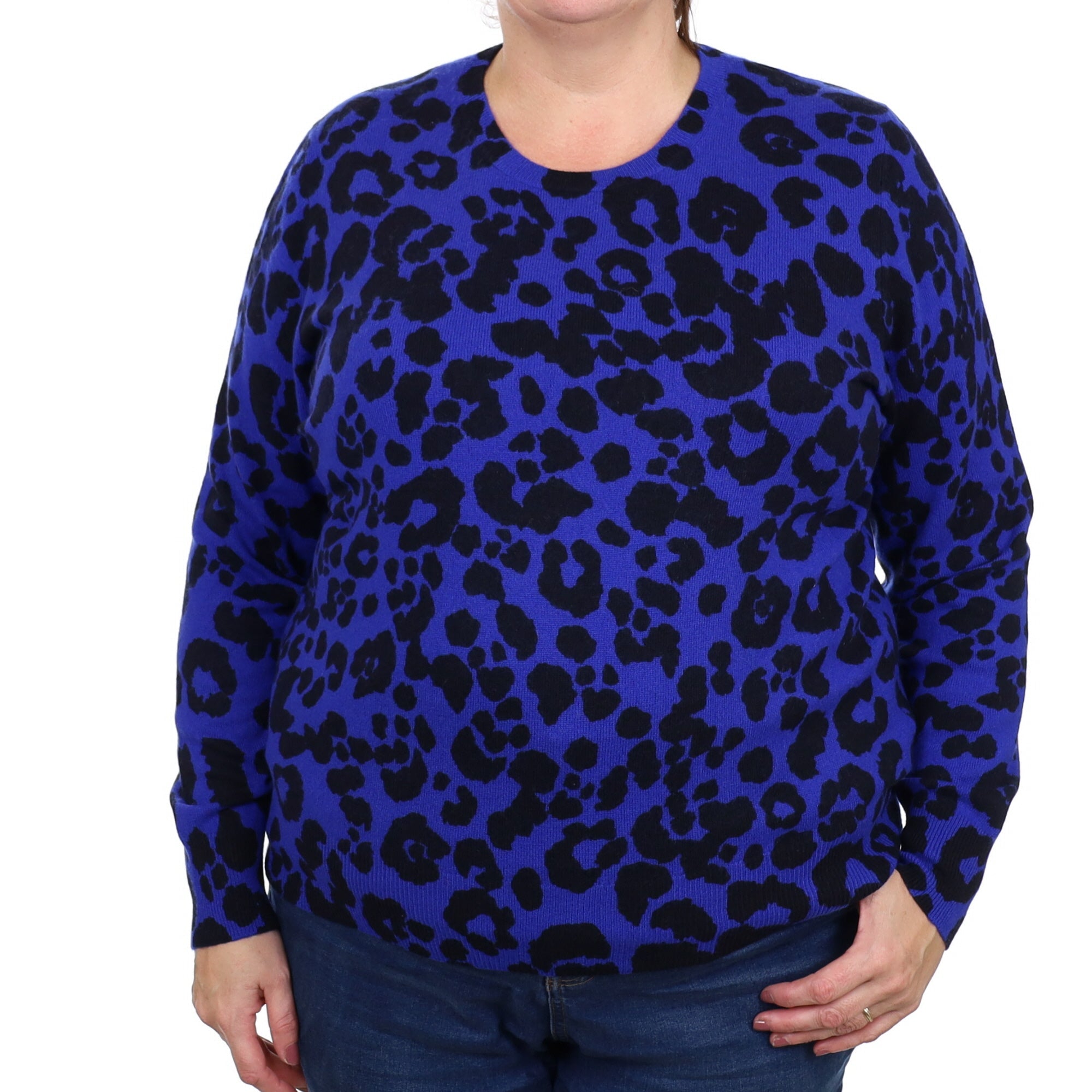 Indigo and Black Leopard Print Cashmere Crew Neck Jumper Extra Large