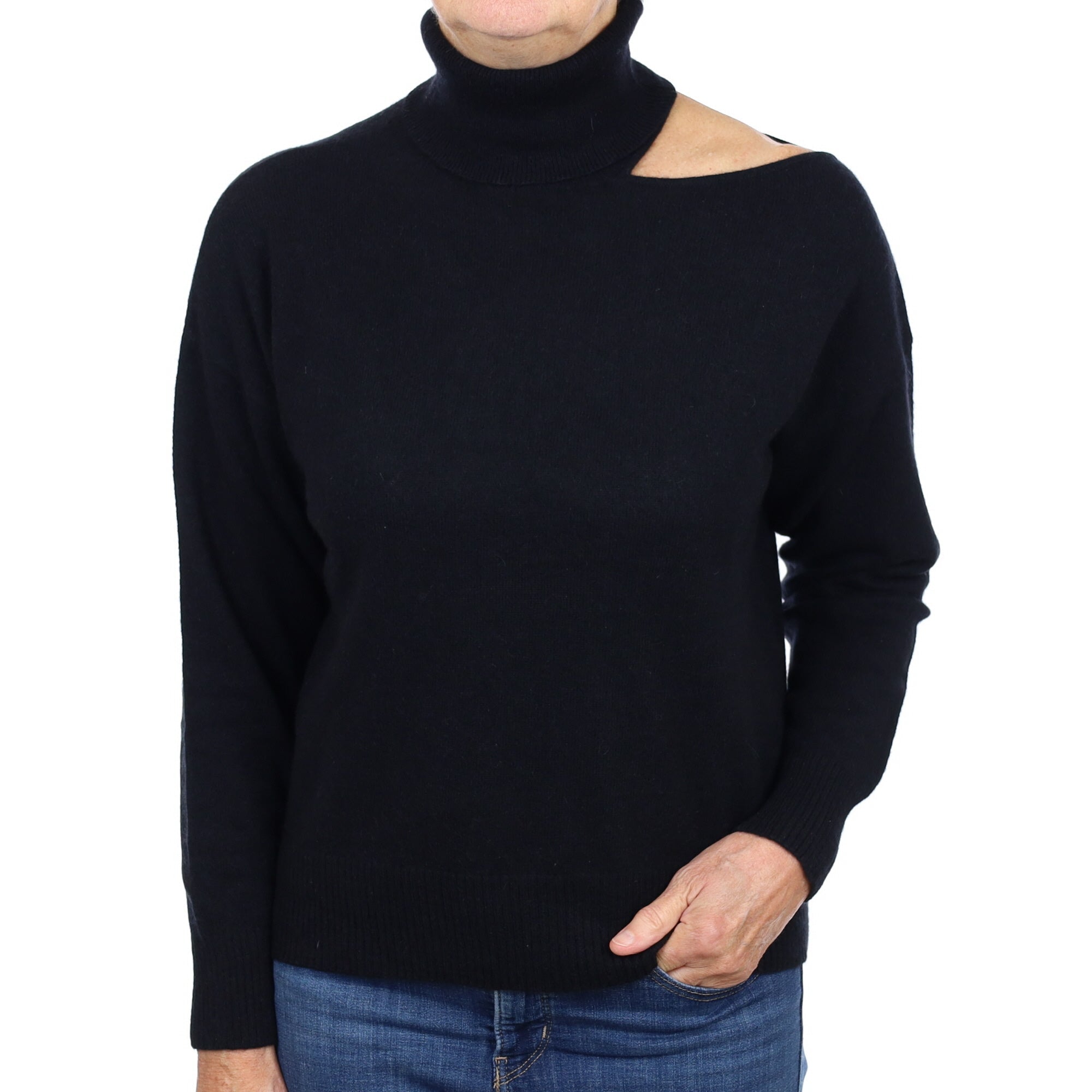 Skull Cashmere Black Cashmere Single Open Shoulder Polo Neck Jumper Medium