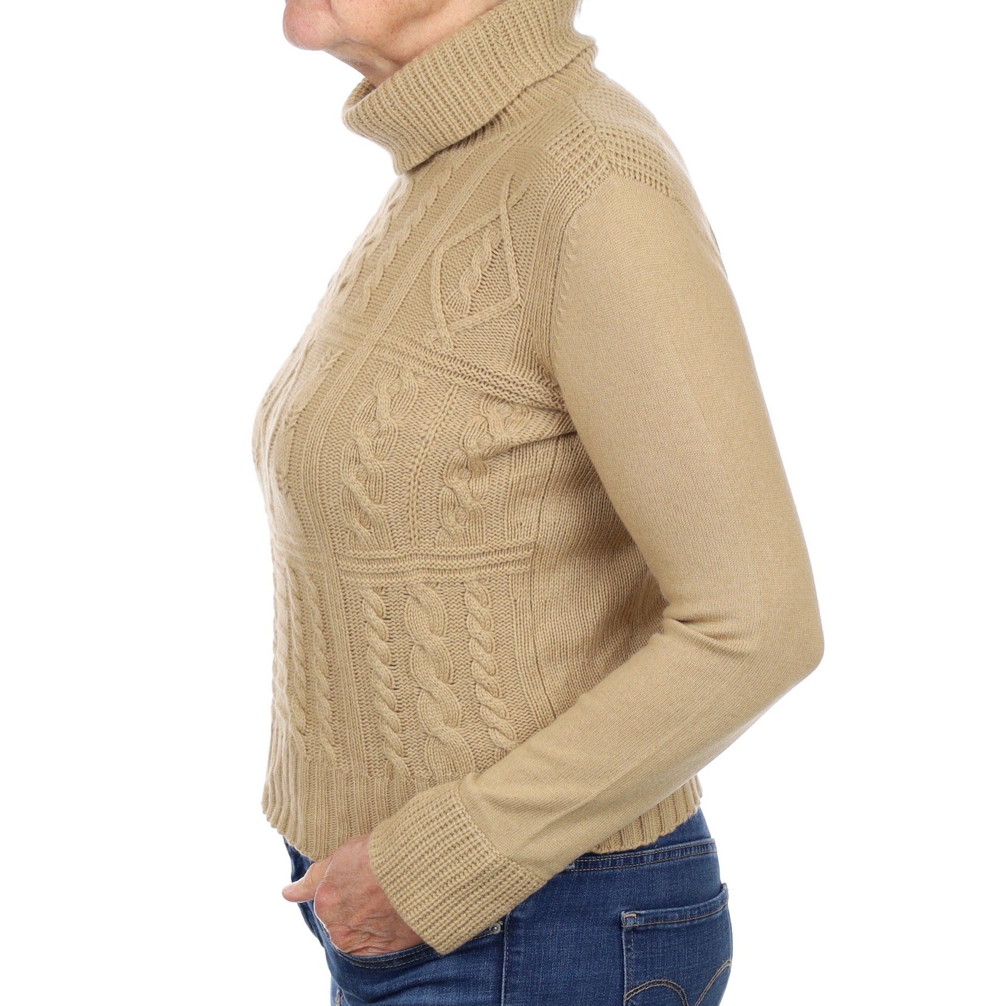 Camel Brown Textured Knit Cashmere Polo Neck Jumper Medium