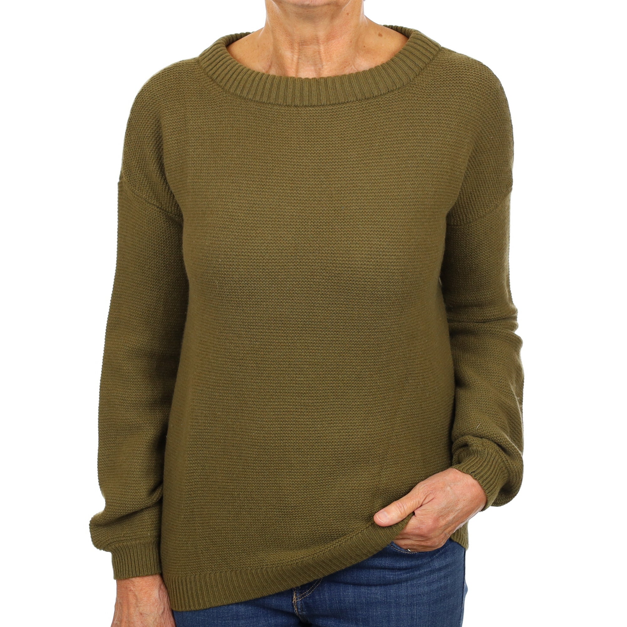 Khaki Green Cashmere Wide Crew Neck Jumper Medium