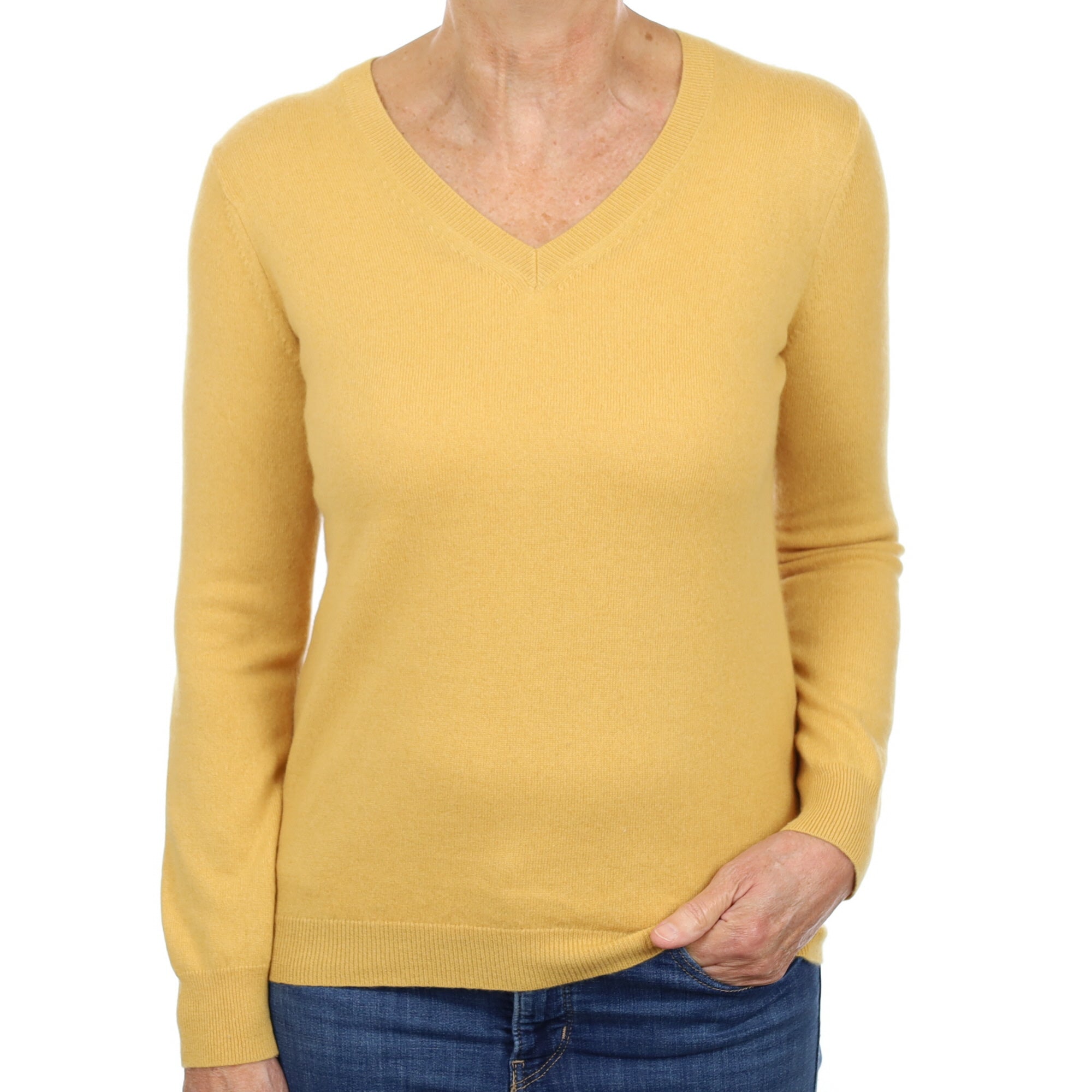 Mustard Yellow Cashmere V Neck Jumper Medium