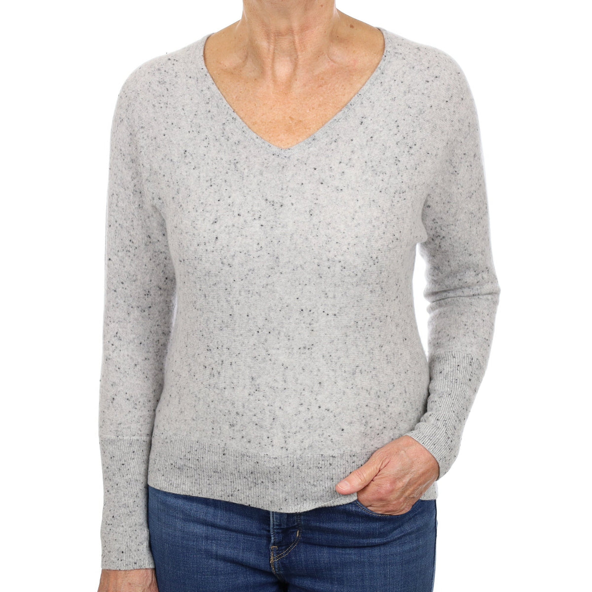 Smoke Grey Flecked Cashmere V Neck Jumper Medium