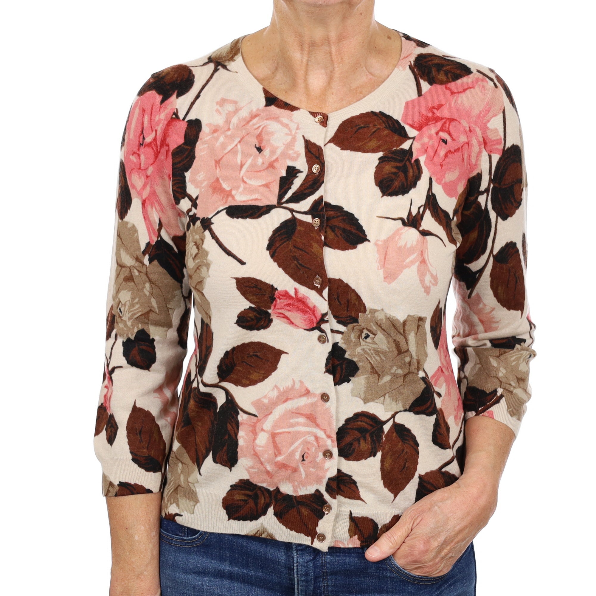 Cream Floral Cashmere Crew Neck Cardigan Medium
