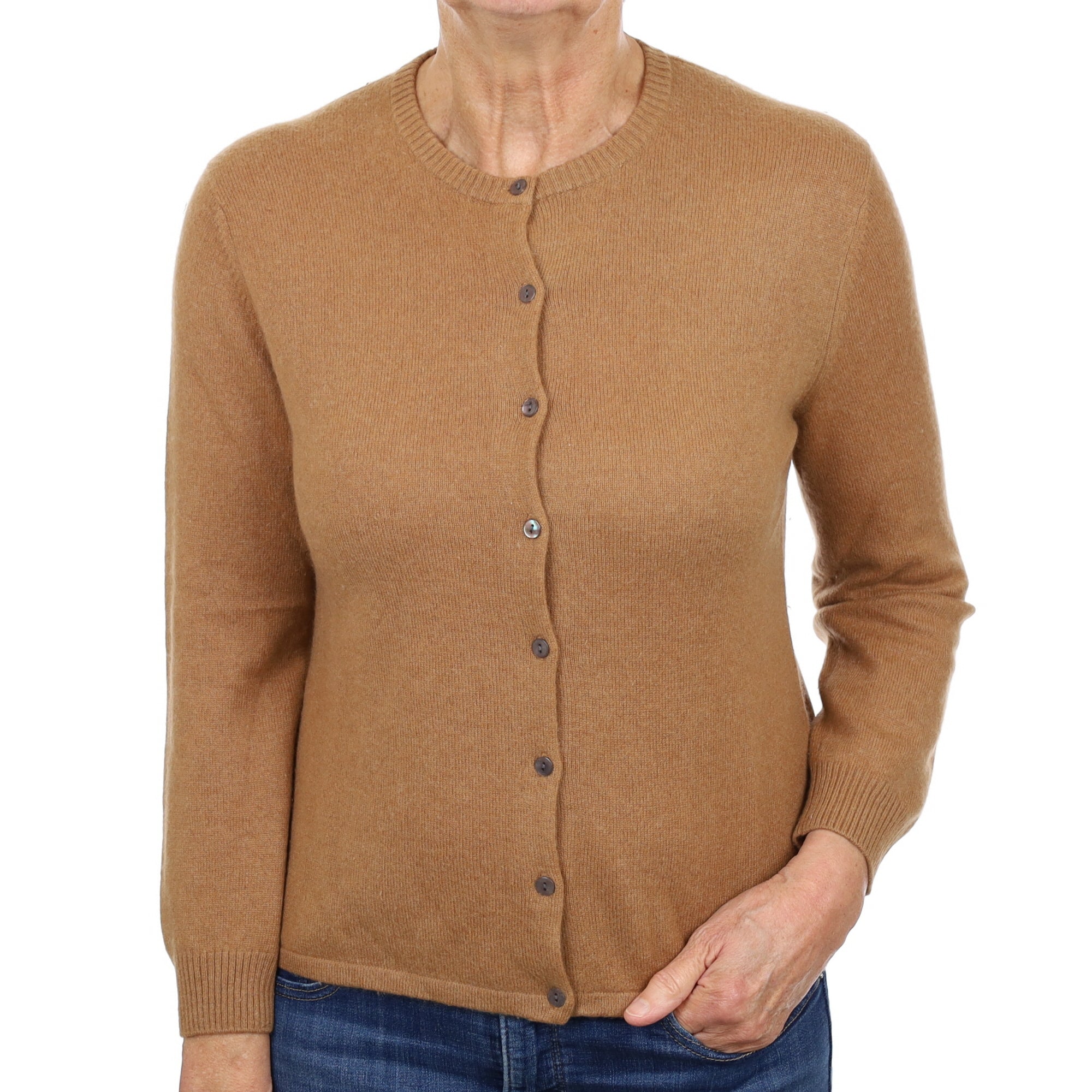 Cinnamon Brown Cashmere Crew Neck Cardigan Medium