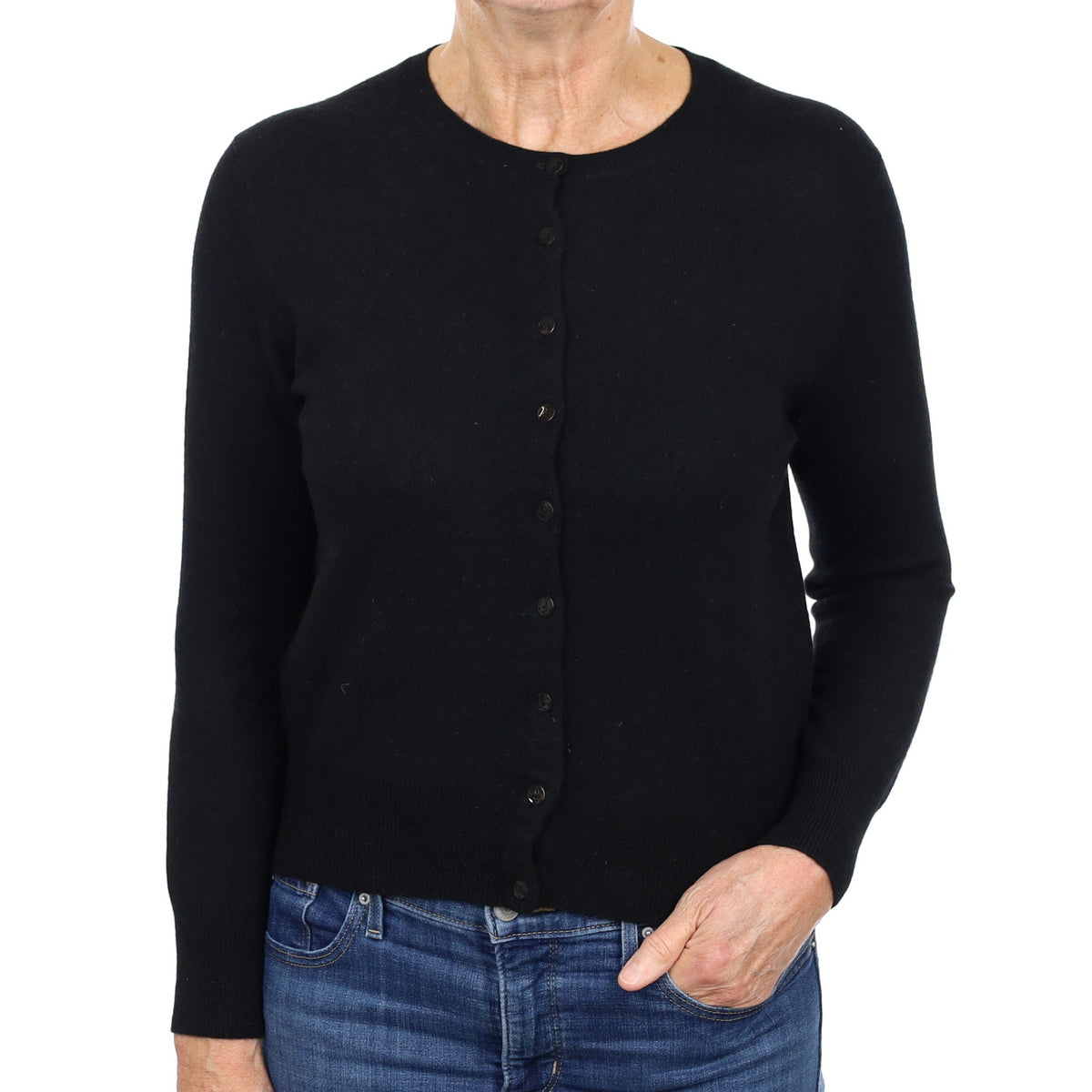 Black Cashmere Crew Neck Cardigan Medium