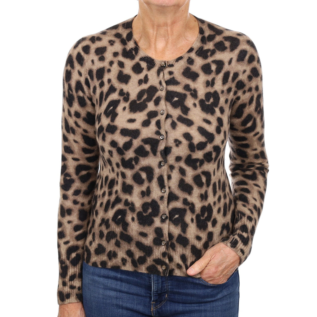 Brown Leopard Print Cashmere Crew Neck  Cardigan Medium