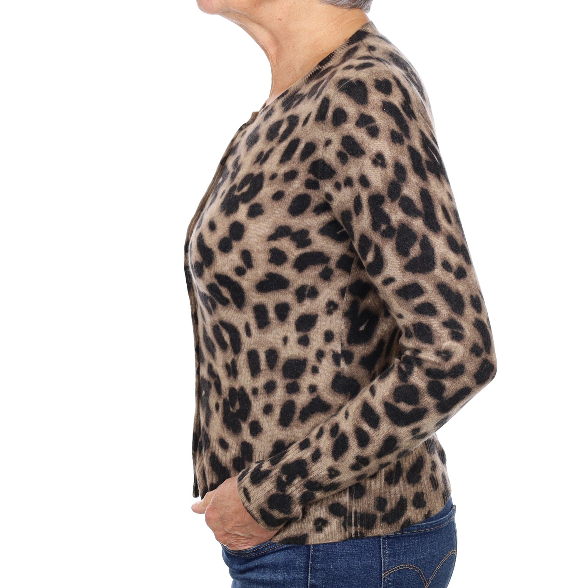 Brown Leopard Print Cashmere Crew Neck  Cardigan Medium