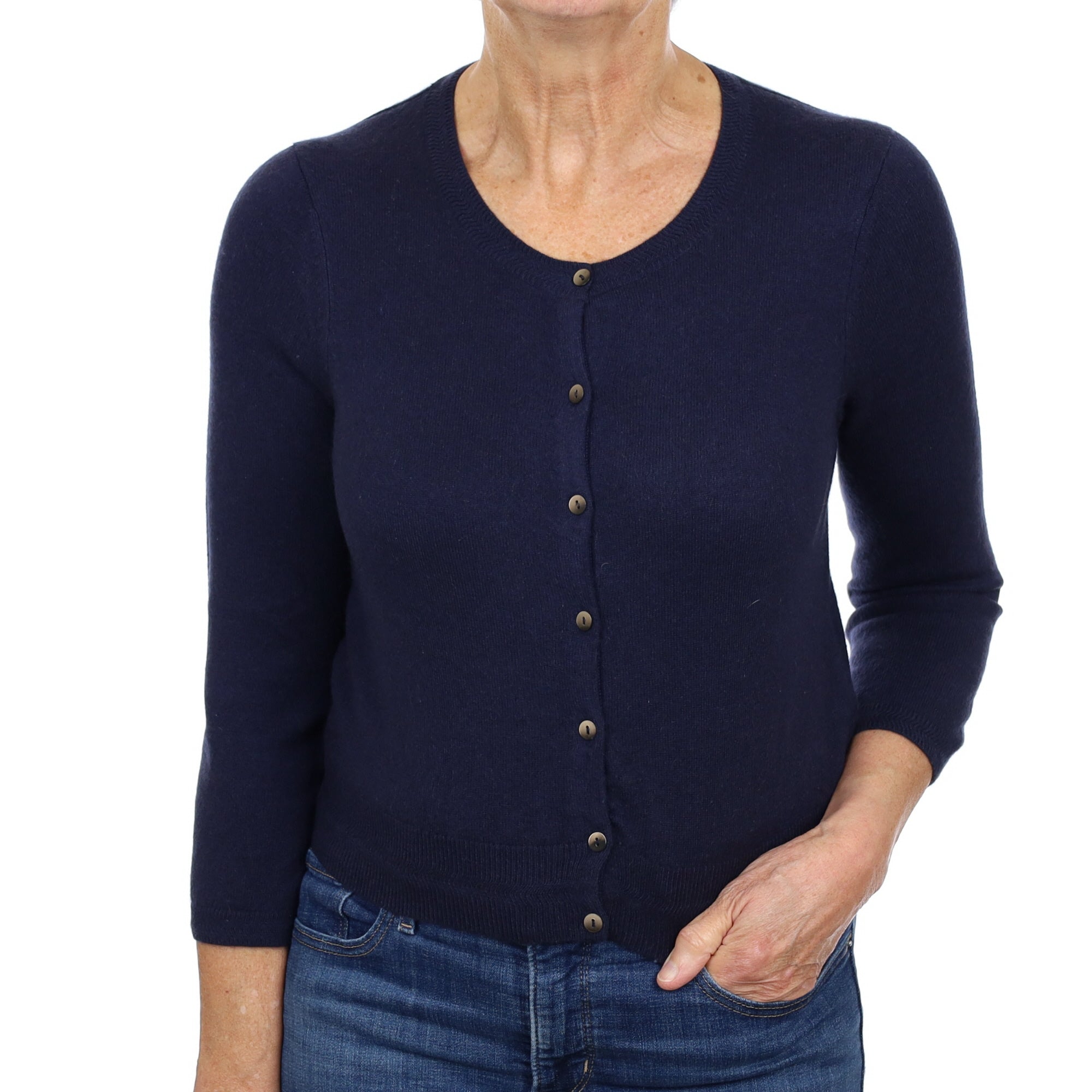 Navy Blue Cashmere Crew Neck Cardigan Medium