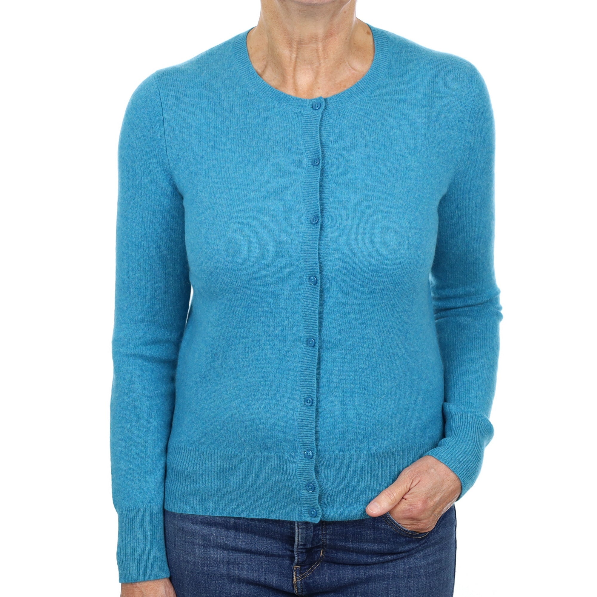 Aqua Blue Marl Cashmere Crew Neck Cardigan Medium