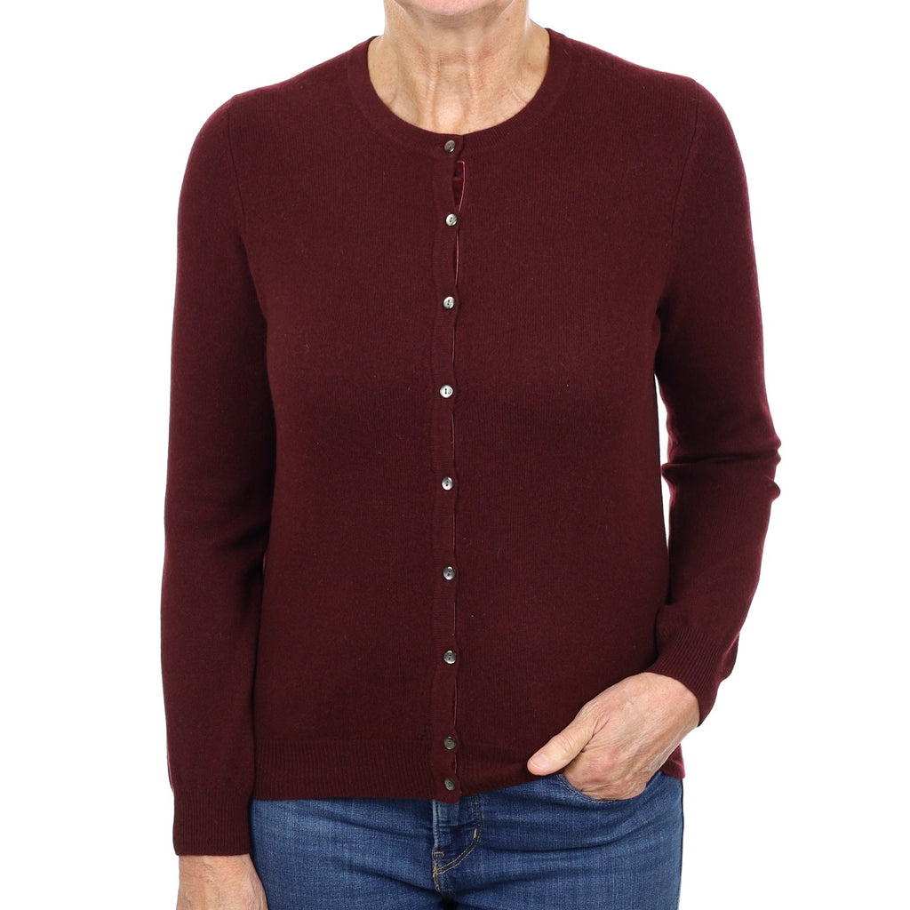 Wine Red Cashmere Crew Neck Cardigan Medium