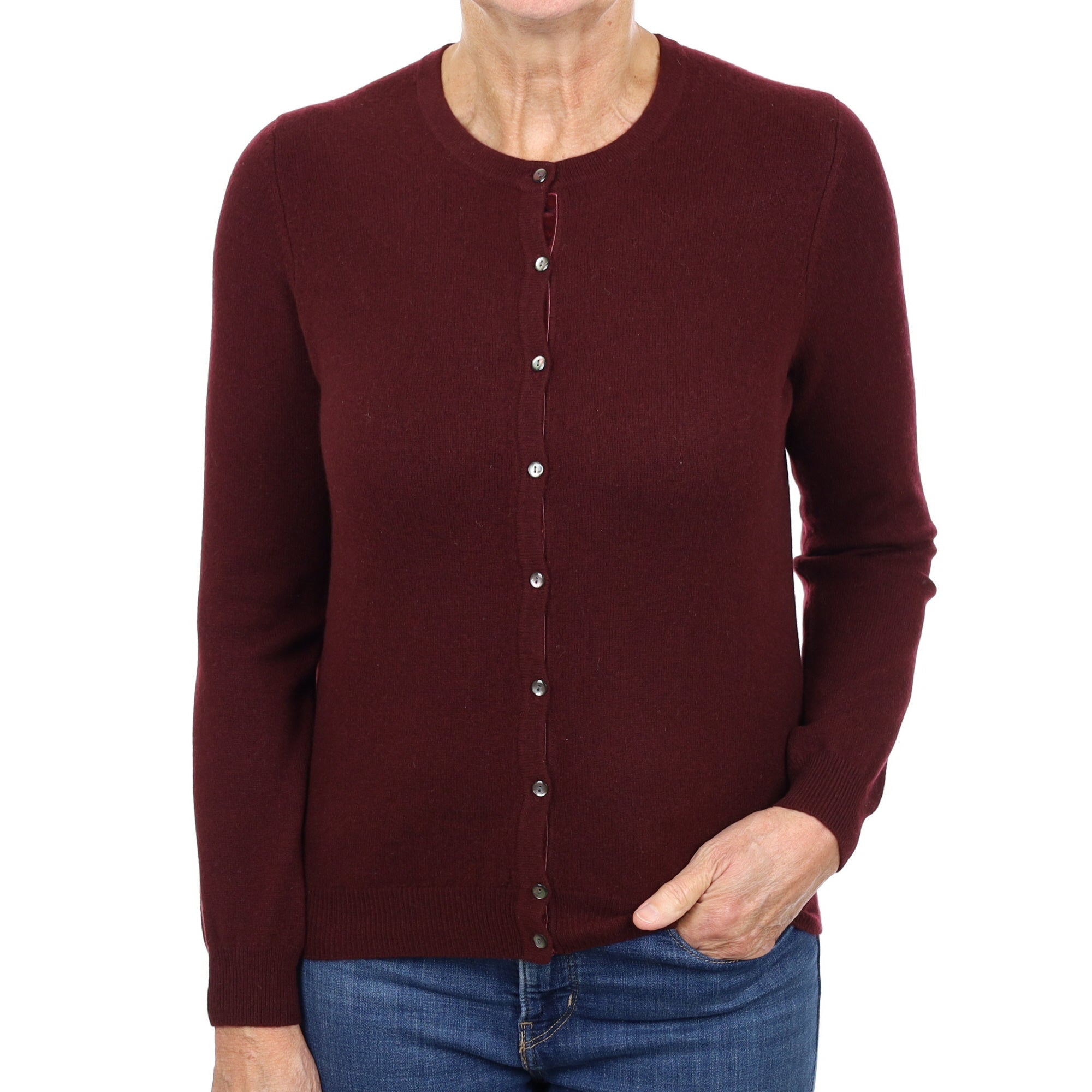 Wine Red Cashmere Crew Neck Cardigan Medium