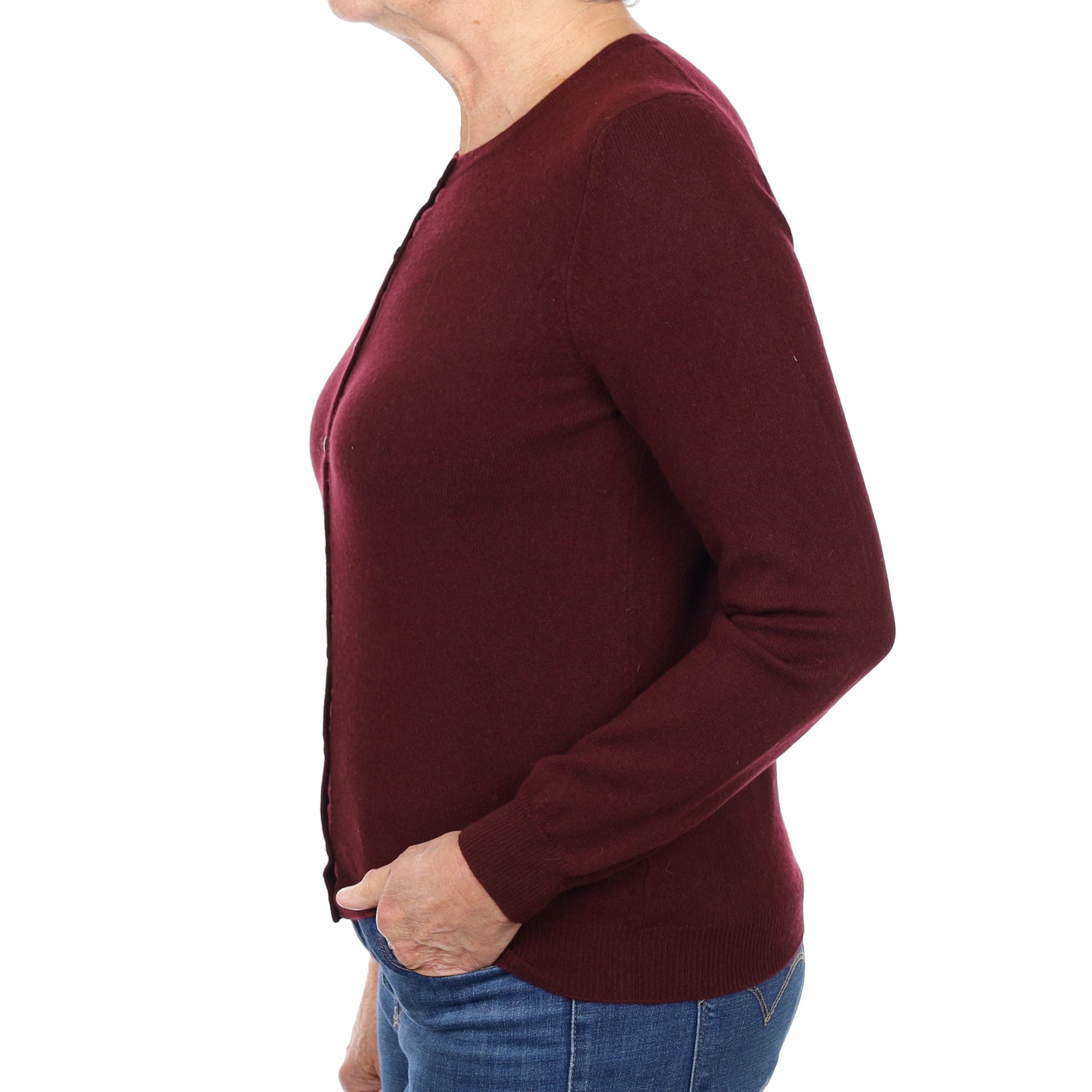 Wine Red Cashmere Crew Neck Cardigan Medium