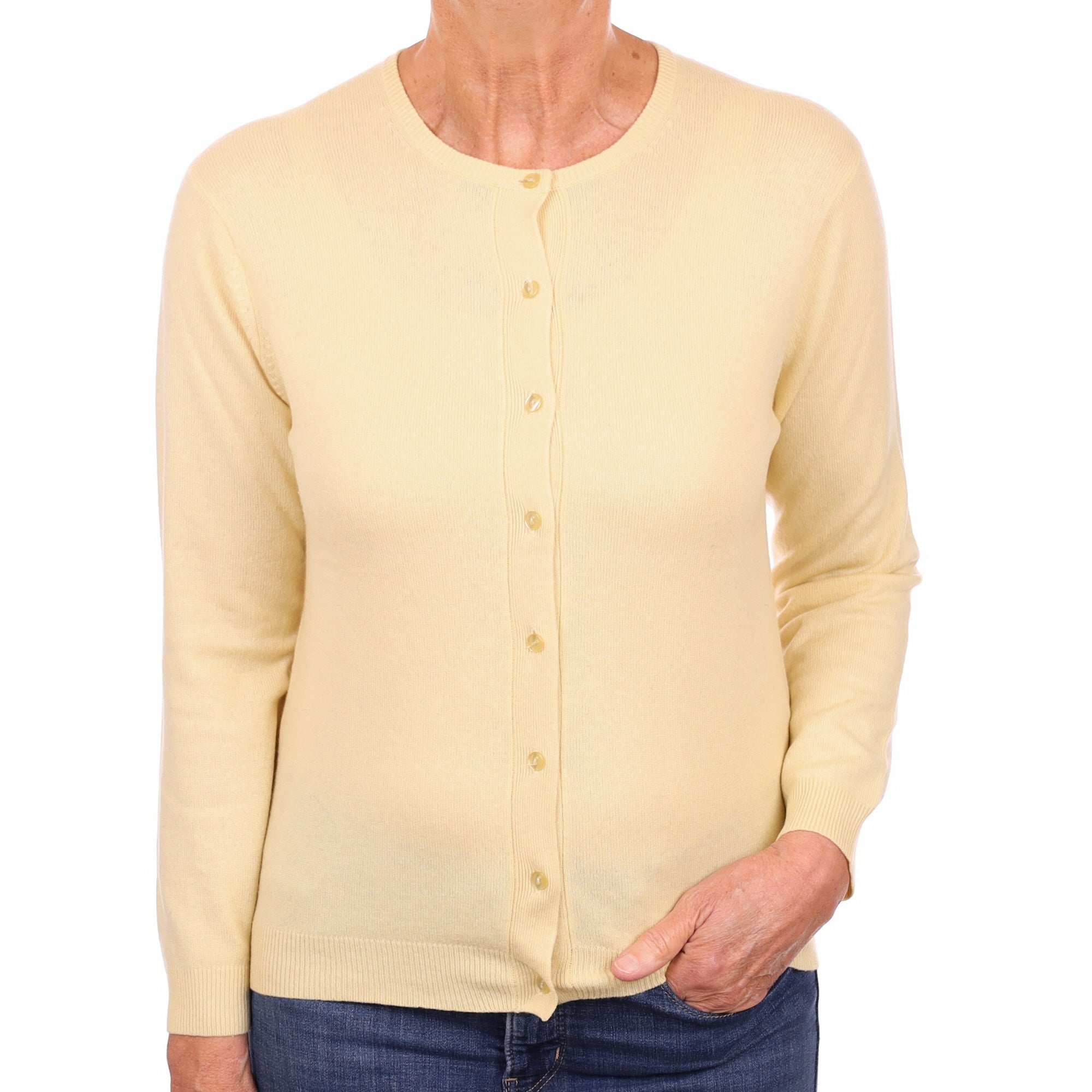 Primrose Yellow Cashmere Crew Neck Cardigan Medium