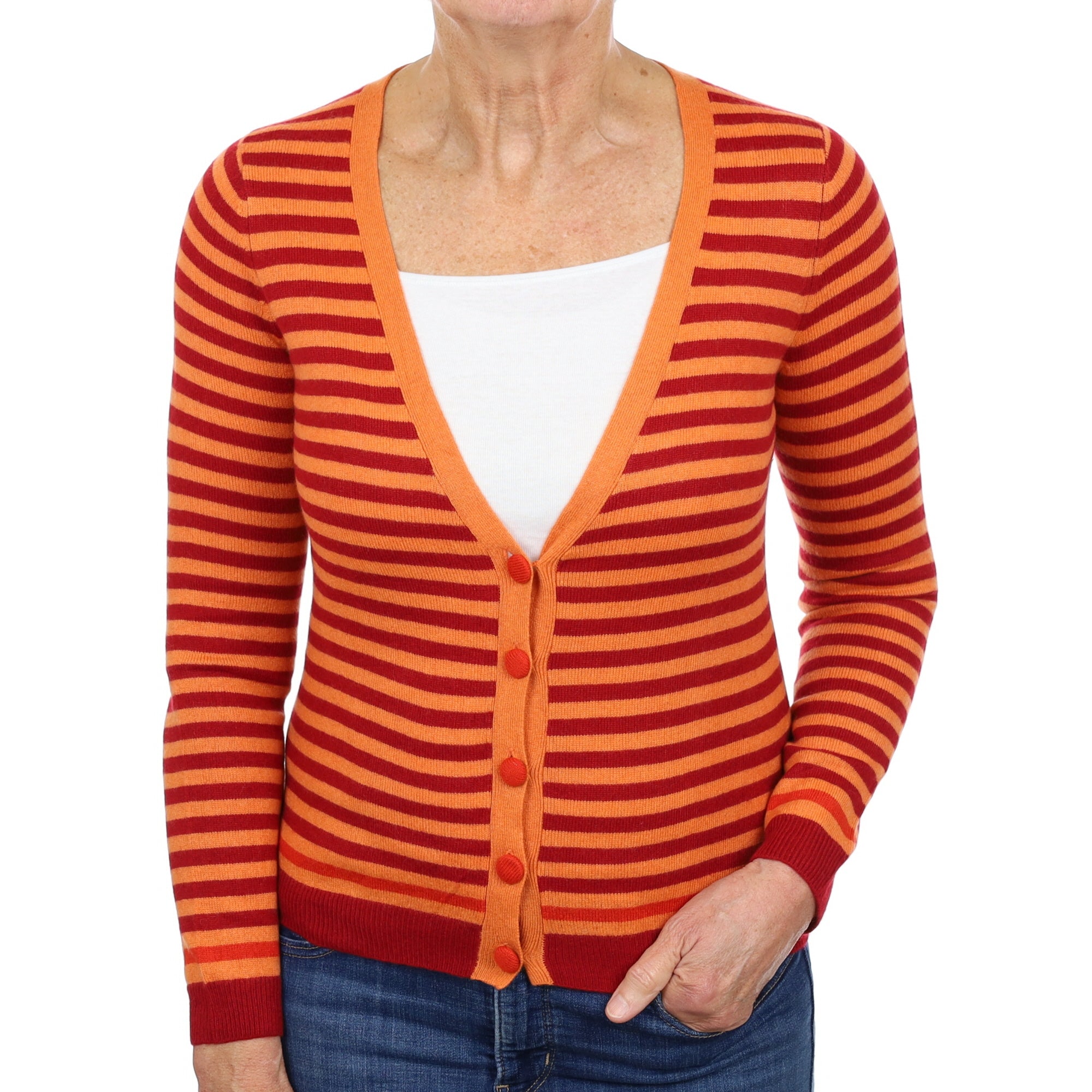 Crimson and Tangerine Striped Cashmere Crew Neck Cardigan Medium