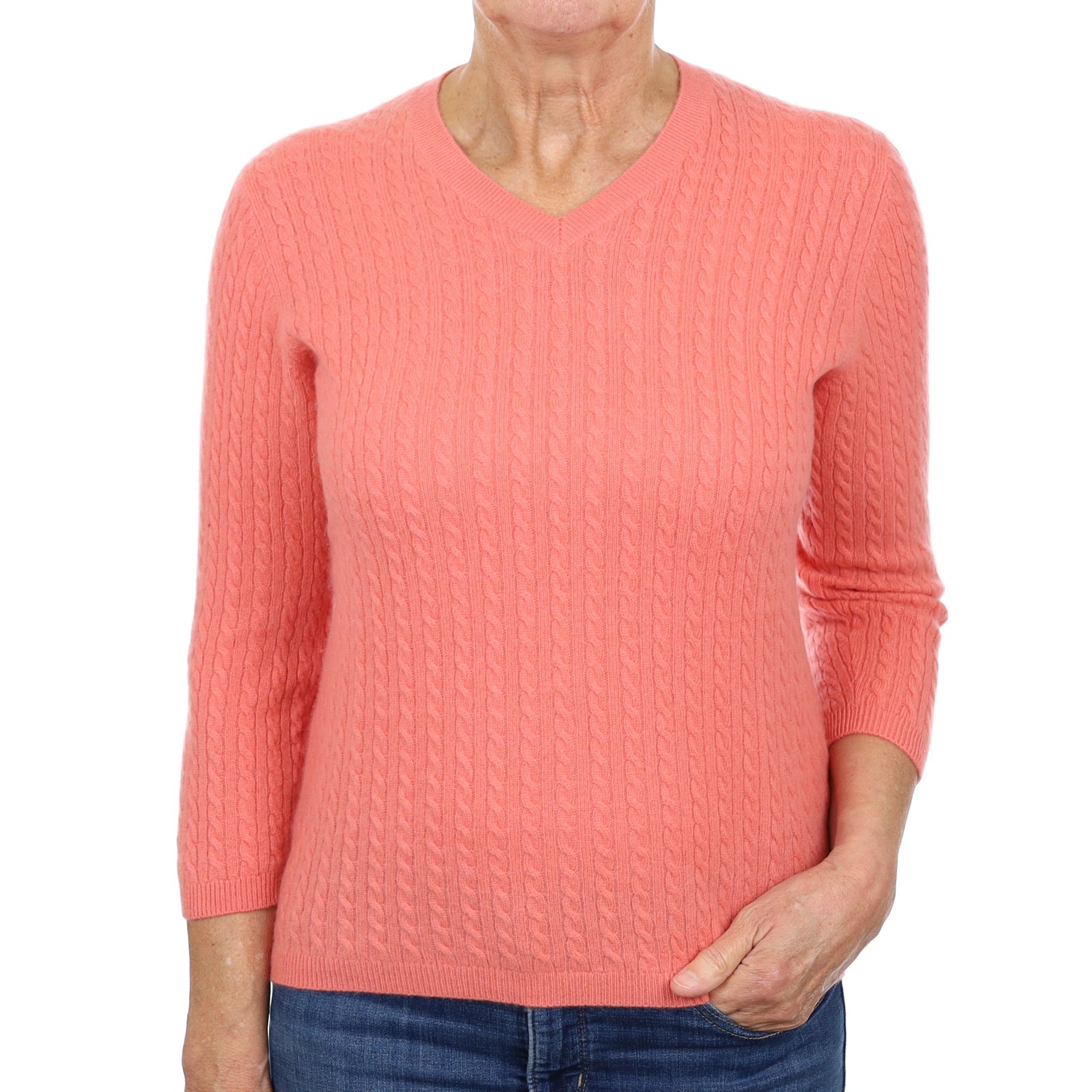 Coral Orange Cashmere V Neck Jumper Medium
