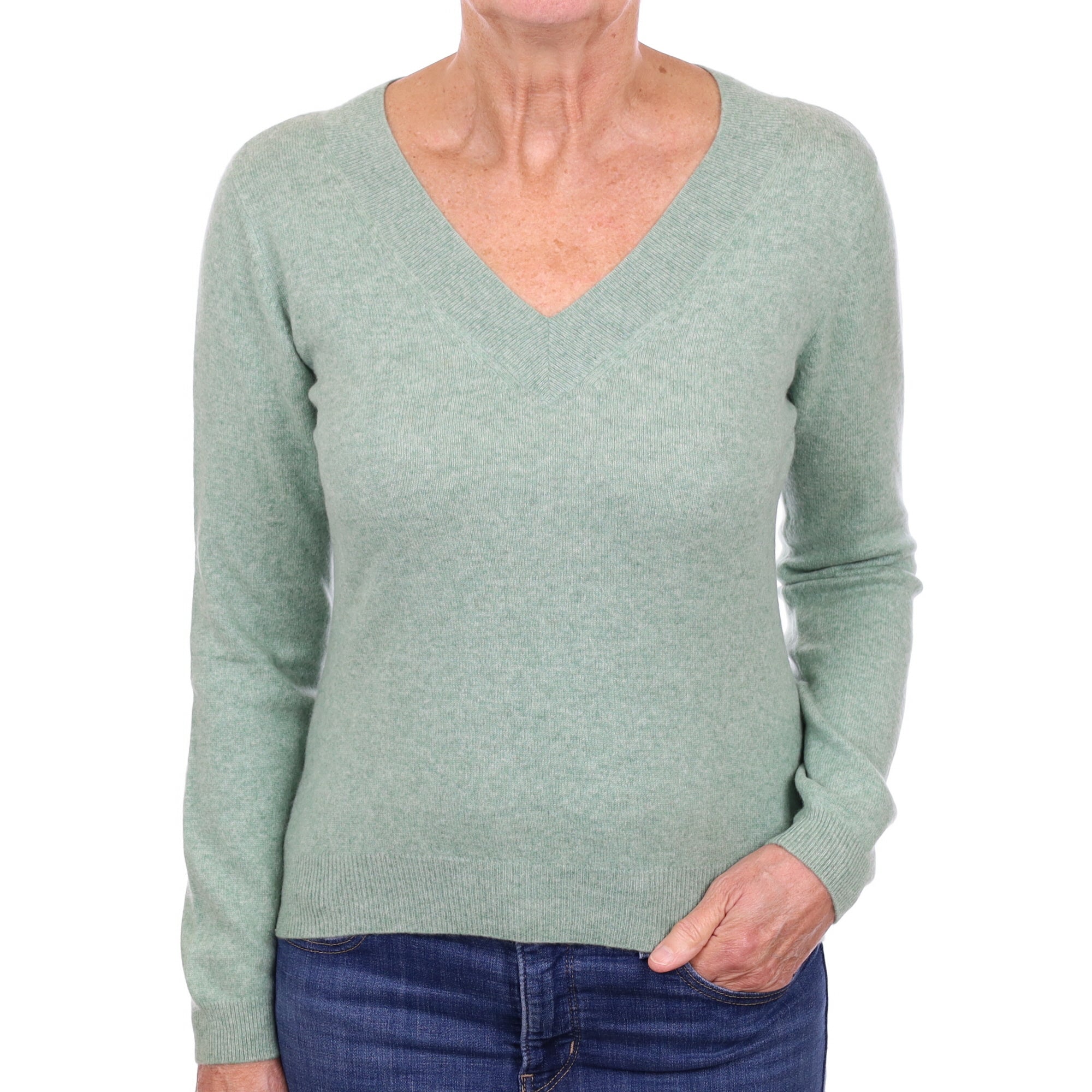 Pickle Green Marl Cashmere V Neck Jumper Medium