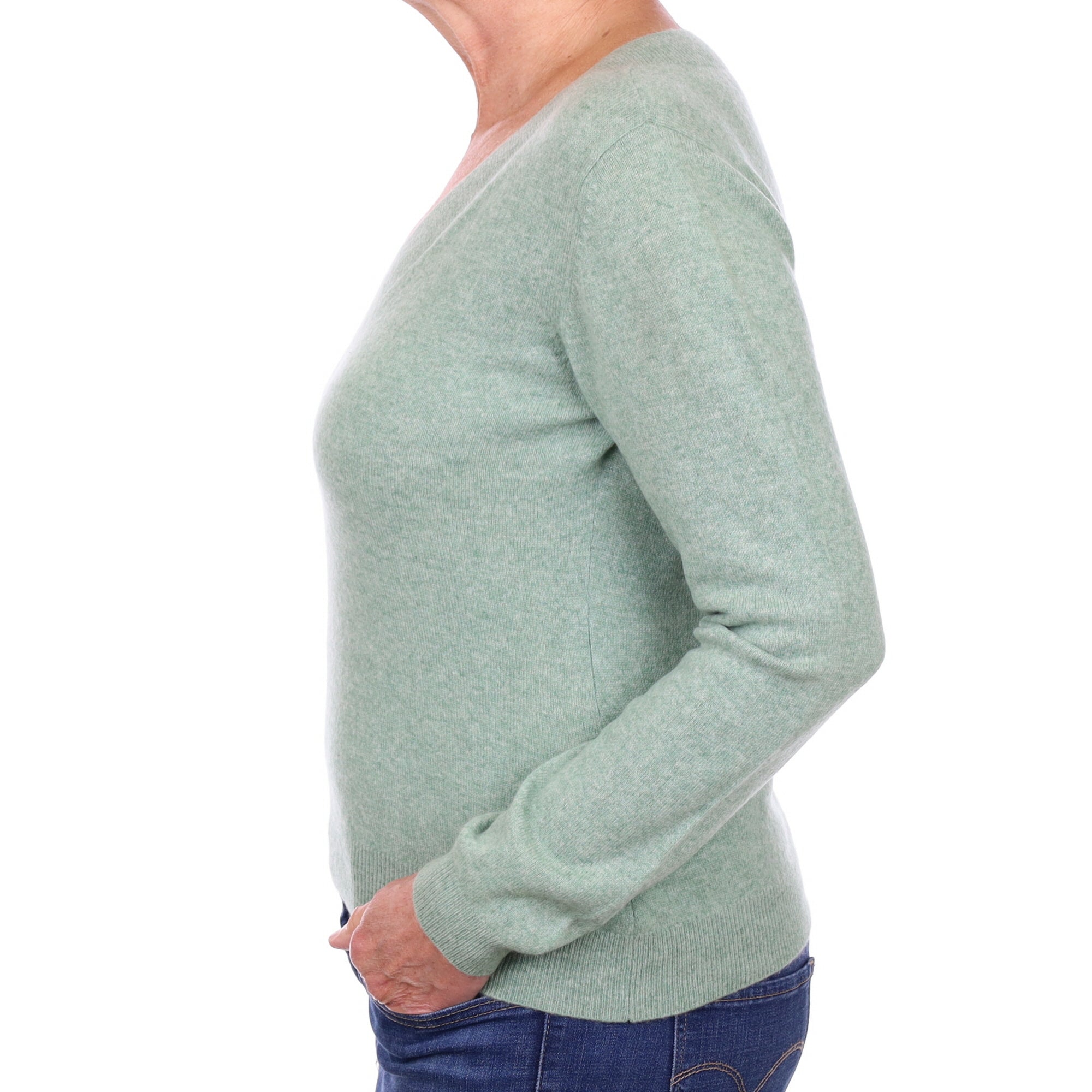 Pickle Green Marl Cashmere V Neck Jumper Medium